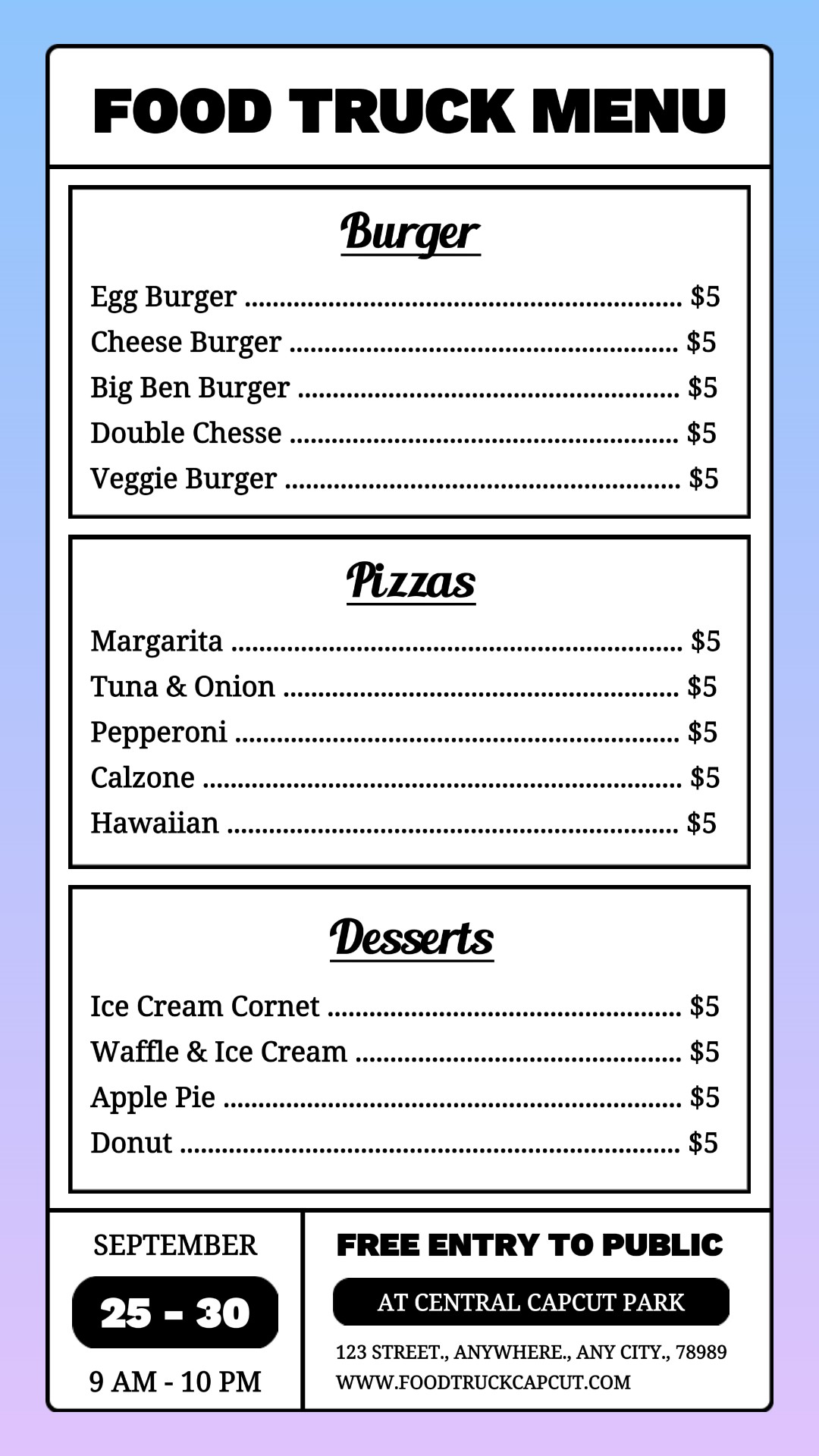 Menú de camión de comida Historia de Instagram