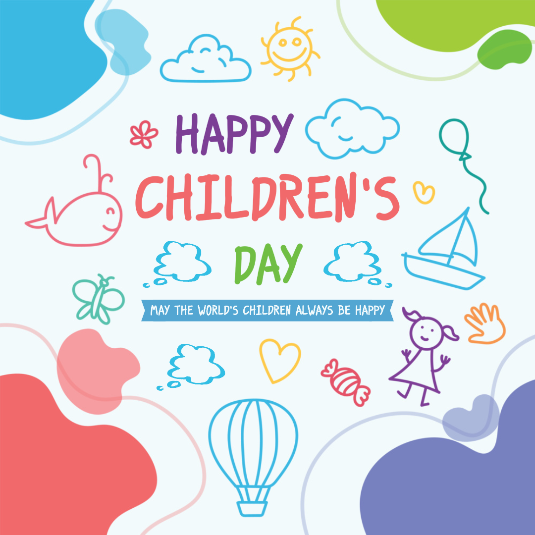 Poster Kreatif Hari Anak Salam Instagram Post Kartun Warna Biru Ungu Hijau Putih