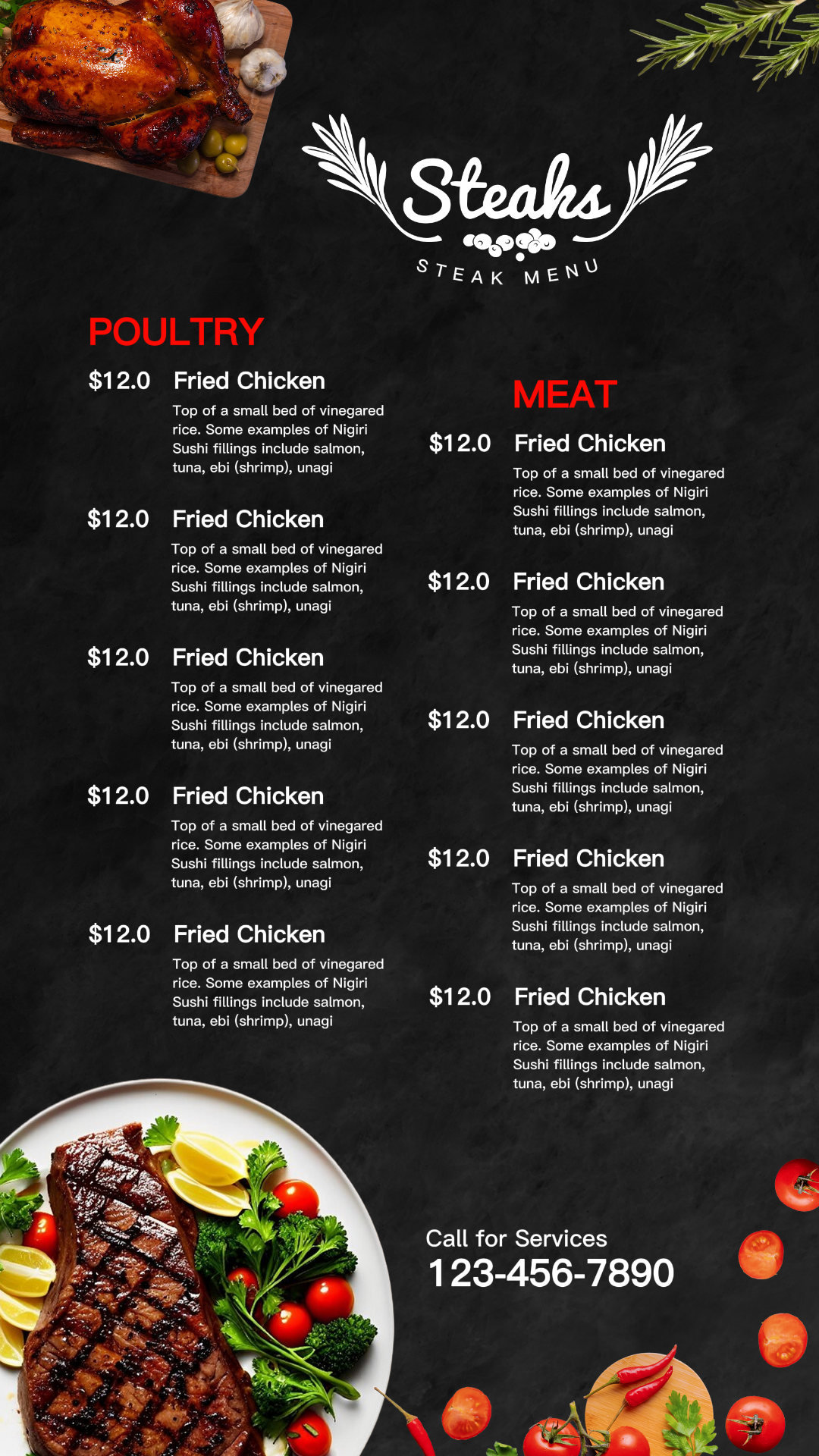 Food and Beverage Steaks Menu