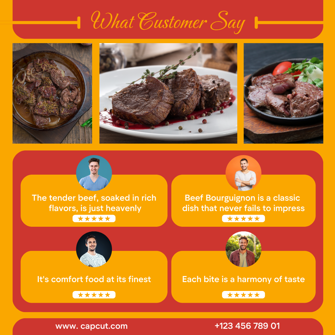 Desain template testimonial makanan Bourguignon daging sapi untuk kebutuhan bisnis posting Instagram