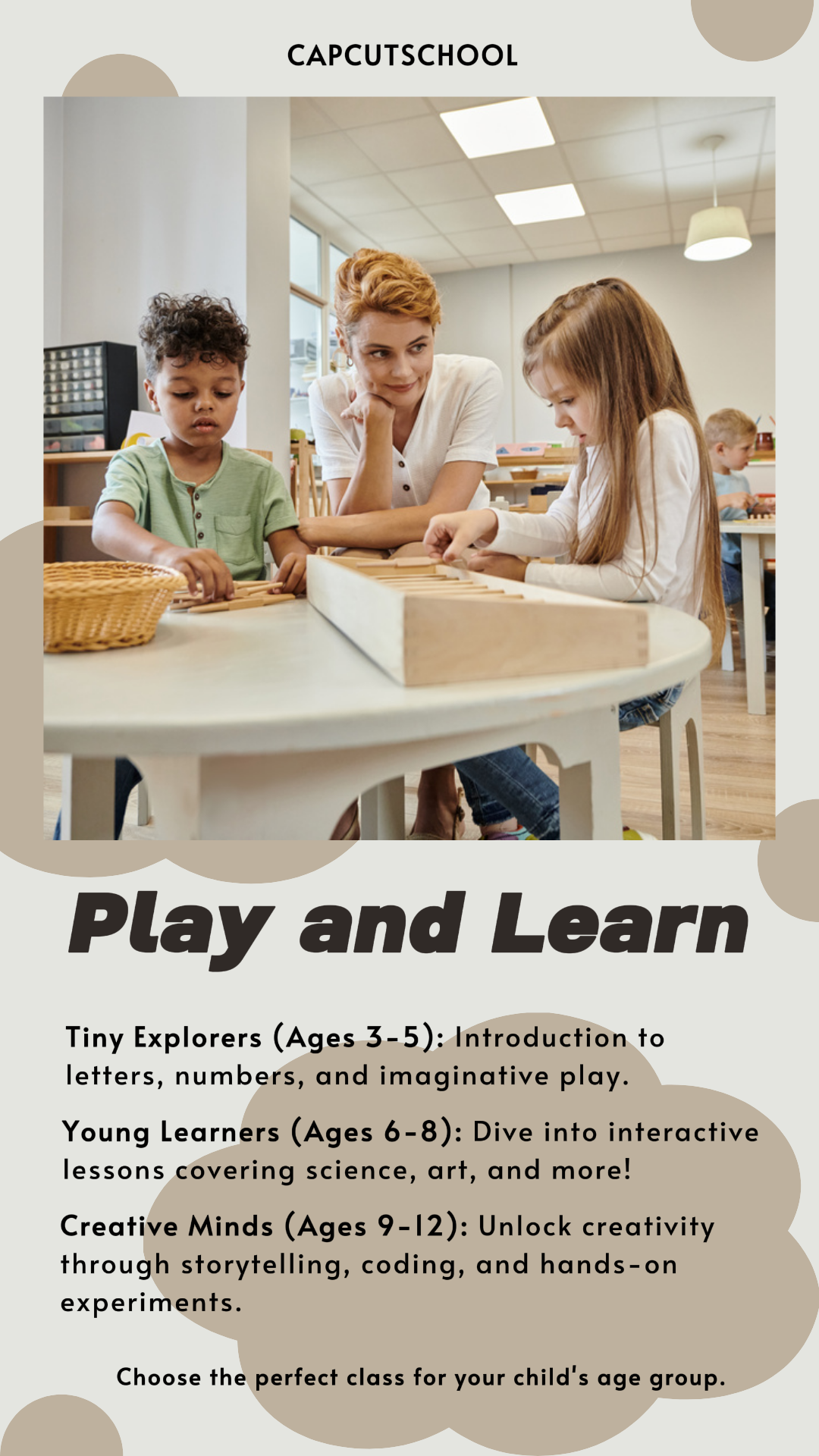 Creative Poster Learning Class for Kids Announcement on Cloudy Brown