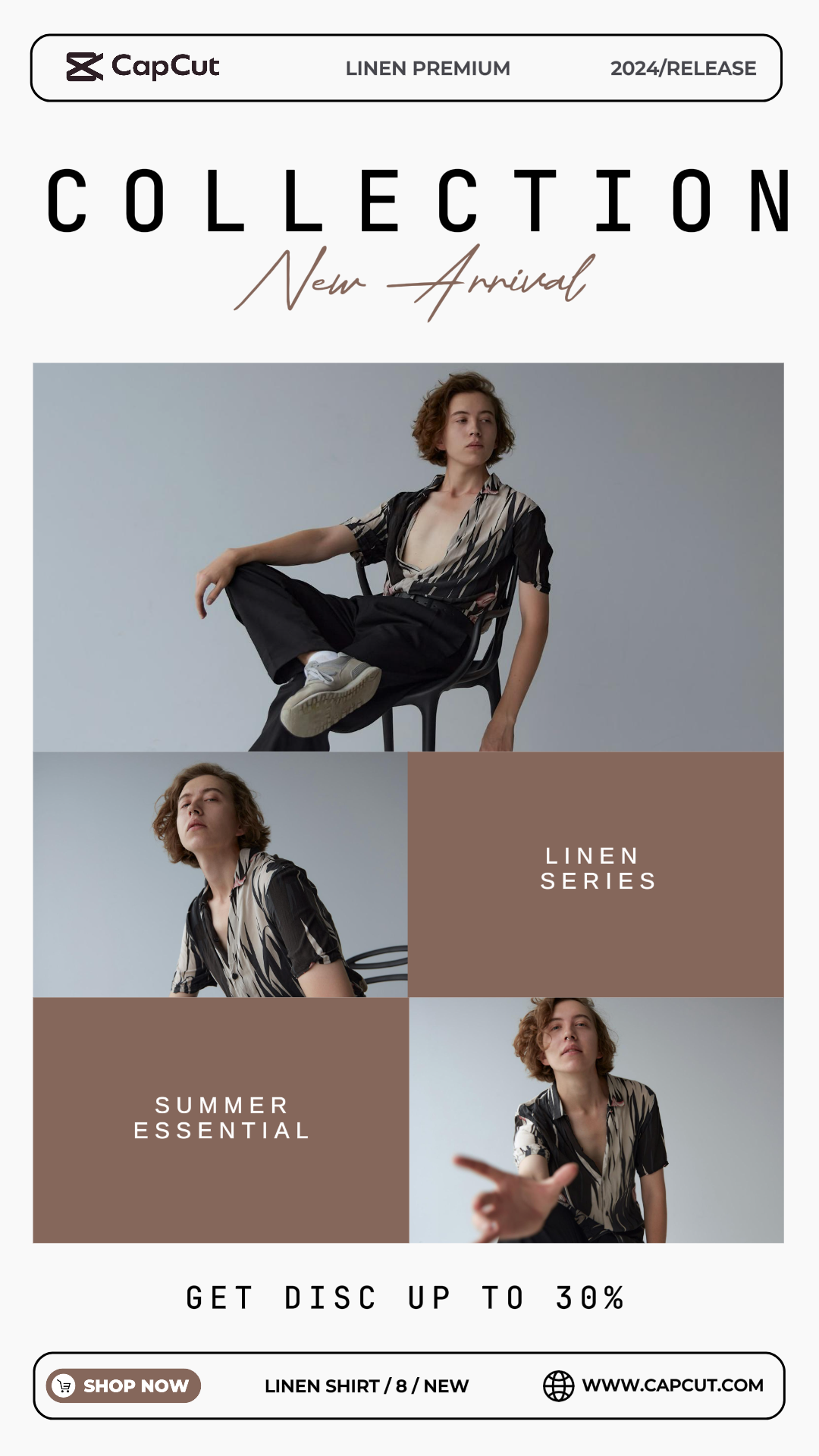 Roupas e sapatos Camisa de linho de verão Venda Marketing Promoção Desconto Instagram Story Design