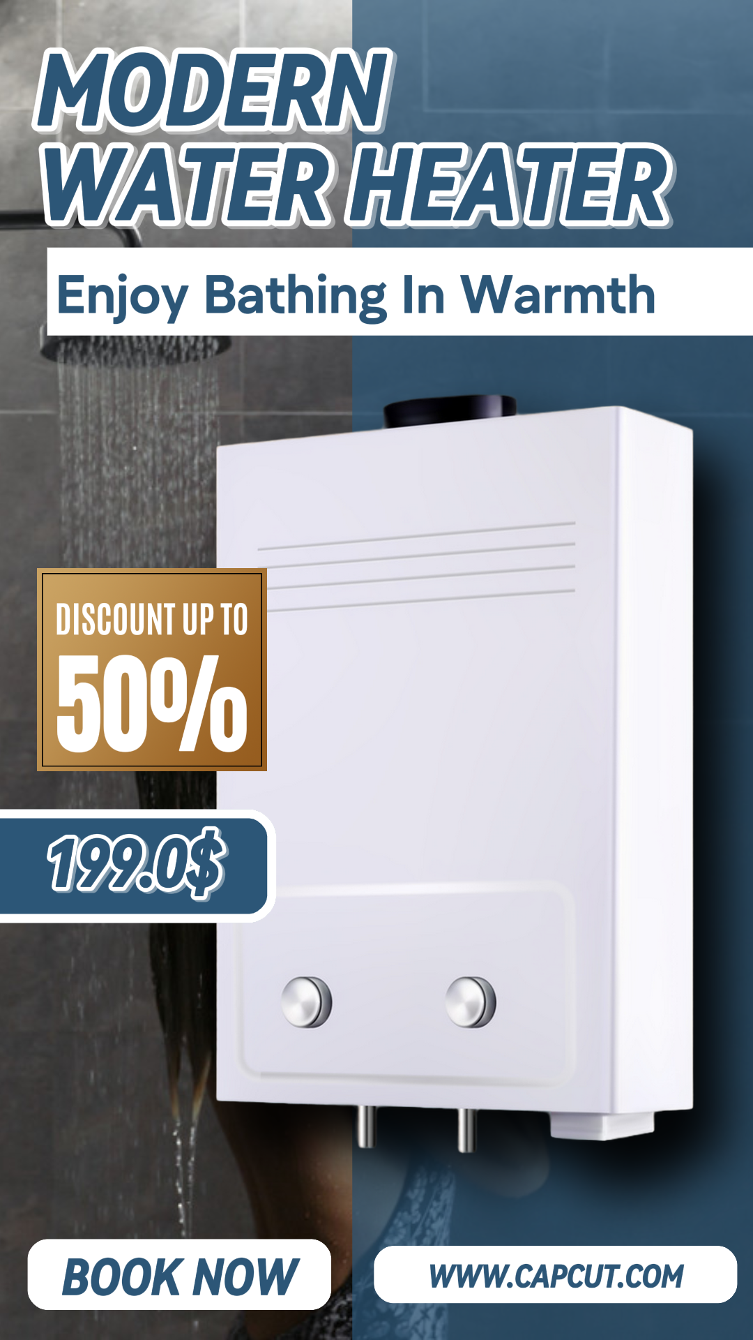 Electrónico, Calentador de agua moderno, diseño minimalista sobre fondo azul, Historia de Instagram