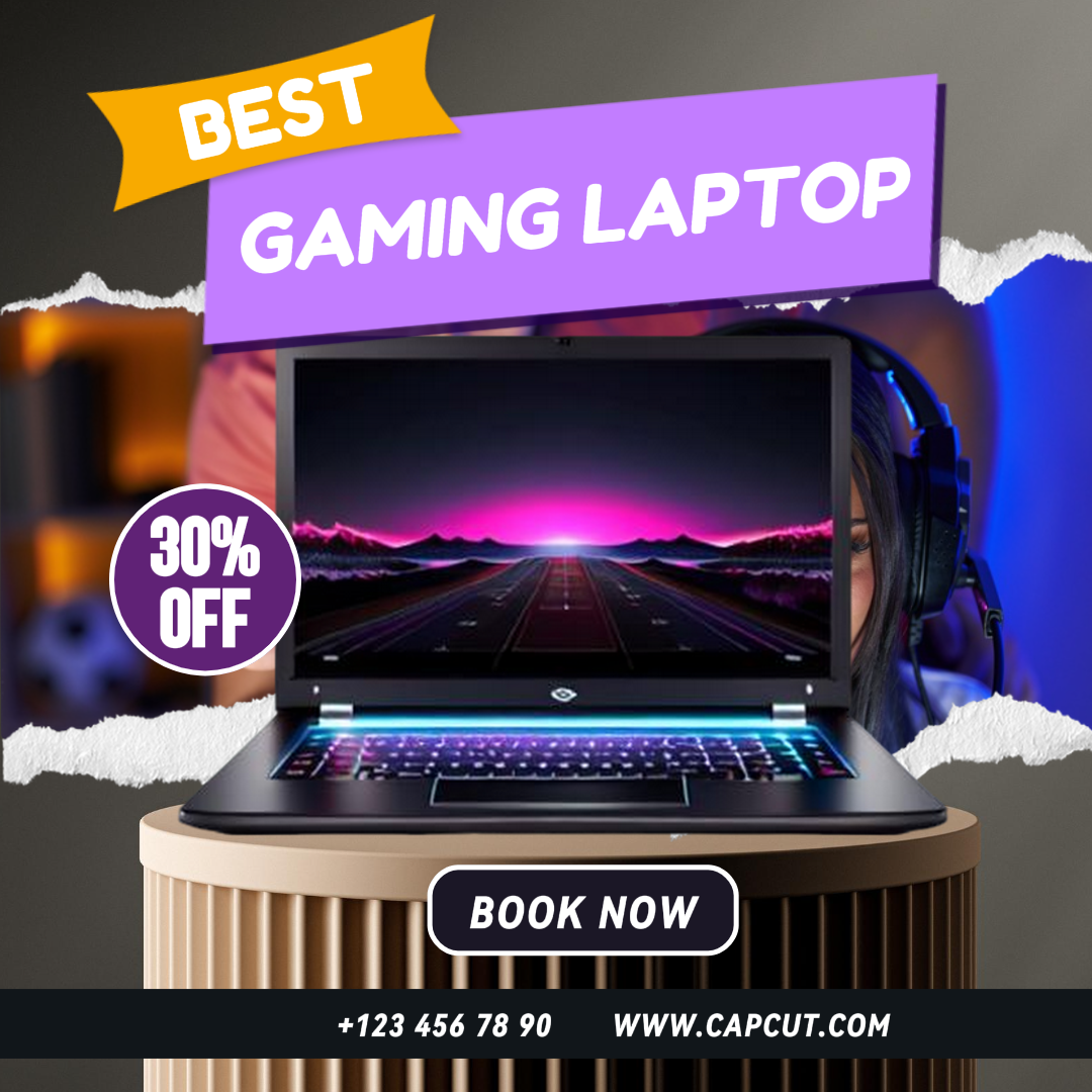 Anúncios no Facebook, eletrônicos, venda de laptop para jogos, design preto minimalista, design de postagem em mídia social