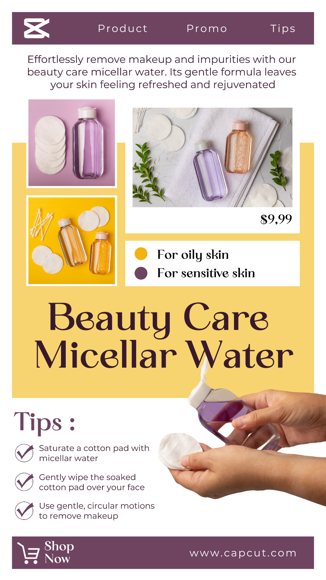 Affichage de produits d'eau micelaire de soins de beauté histoire Instagram