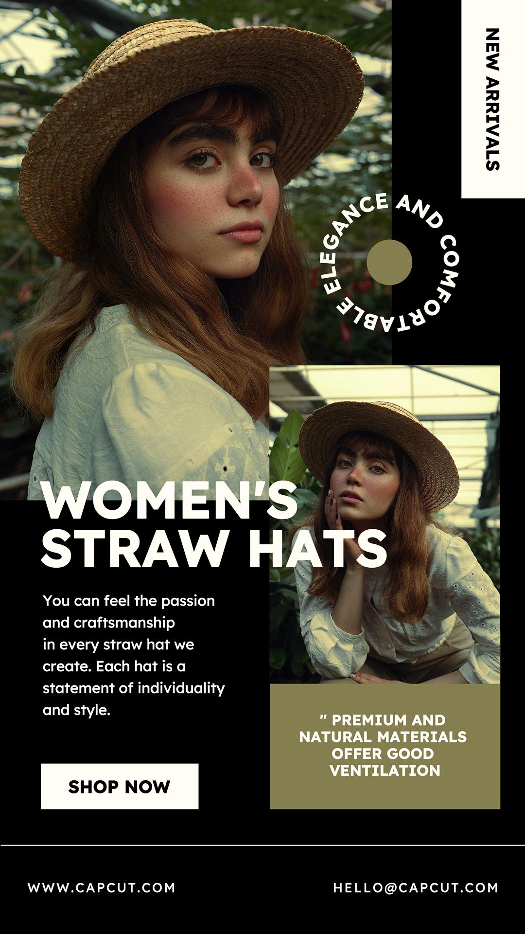 Affiche de marketing de vêtements chapeaux de paille pour femmes affichage du produit fond sombre