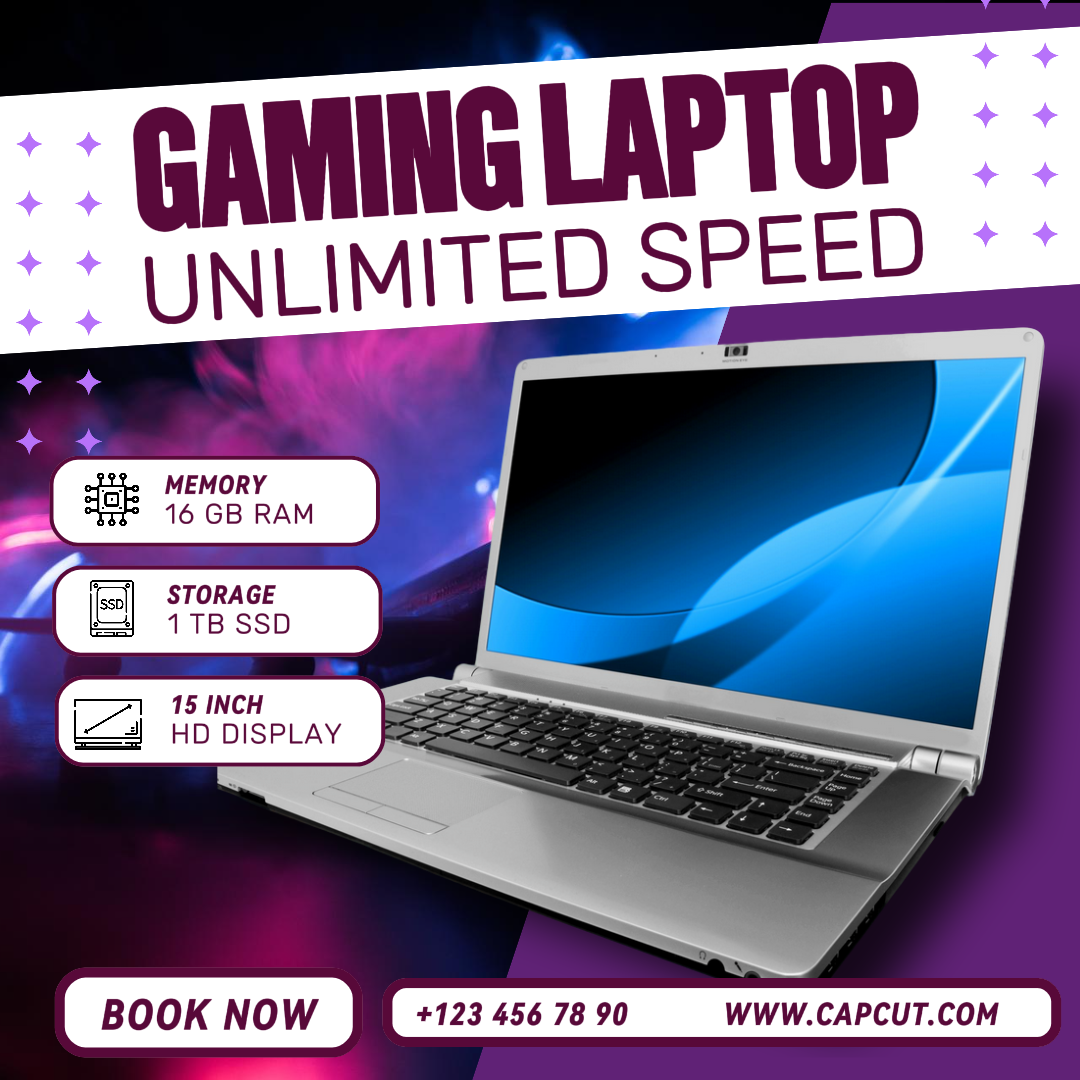 Iklan Facebook, Elektronik, penjualan laptop gaming, desain ungu minimalis, desain posting media sosial