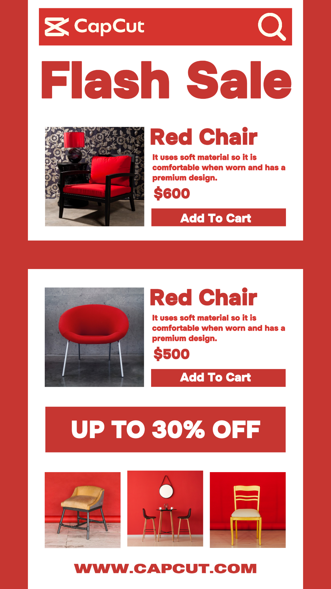 Page de promotion de la chaise rouge de vente flash