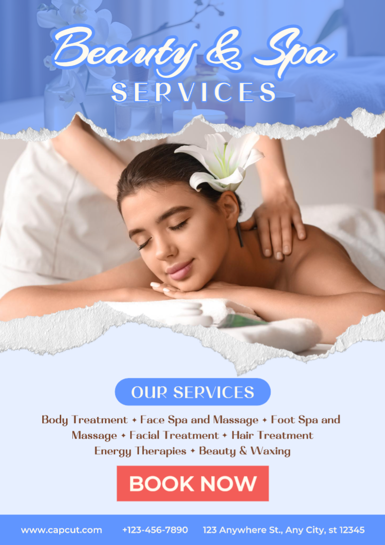 Beauty Care Marketing Spa e Massagem Flyer Minimalista Azul e Branco