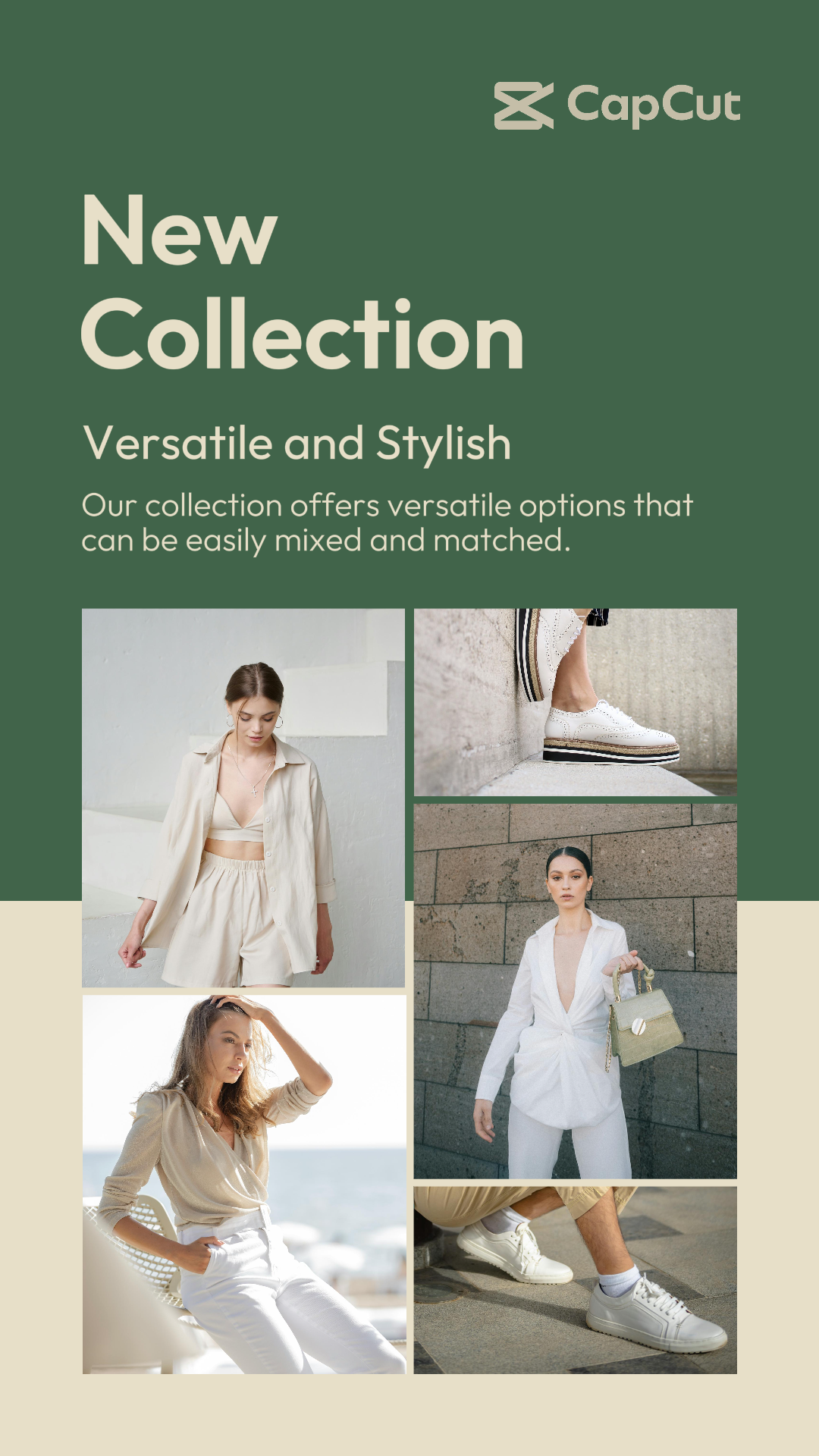 Cartel de marketing de collage minimalista, historia de instagram verde y cremoso