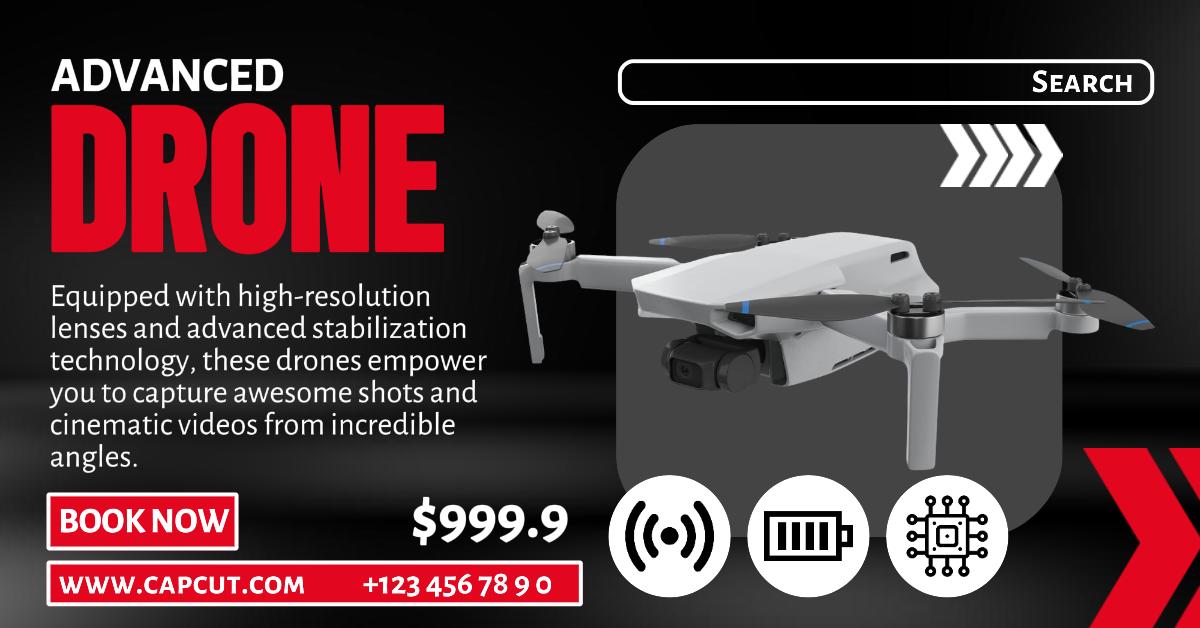 Anúncios no Facebook, eletrônicos, venda de produtos drones, vermelho preto moderno, banner