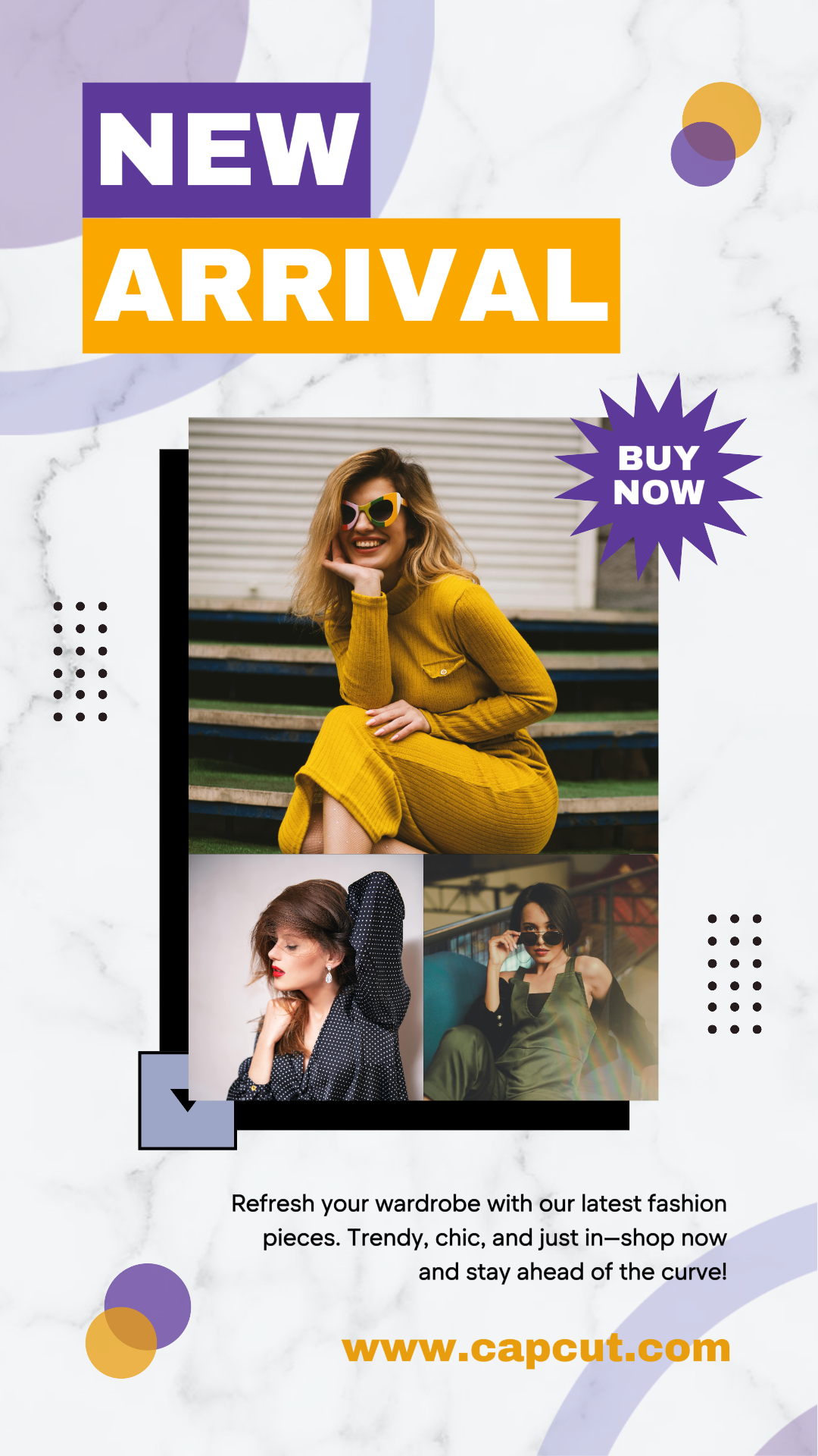 minimalist collage marketing poster tiktok new arrival clothing purple and yellow