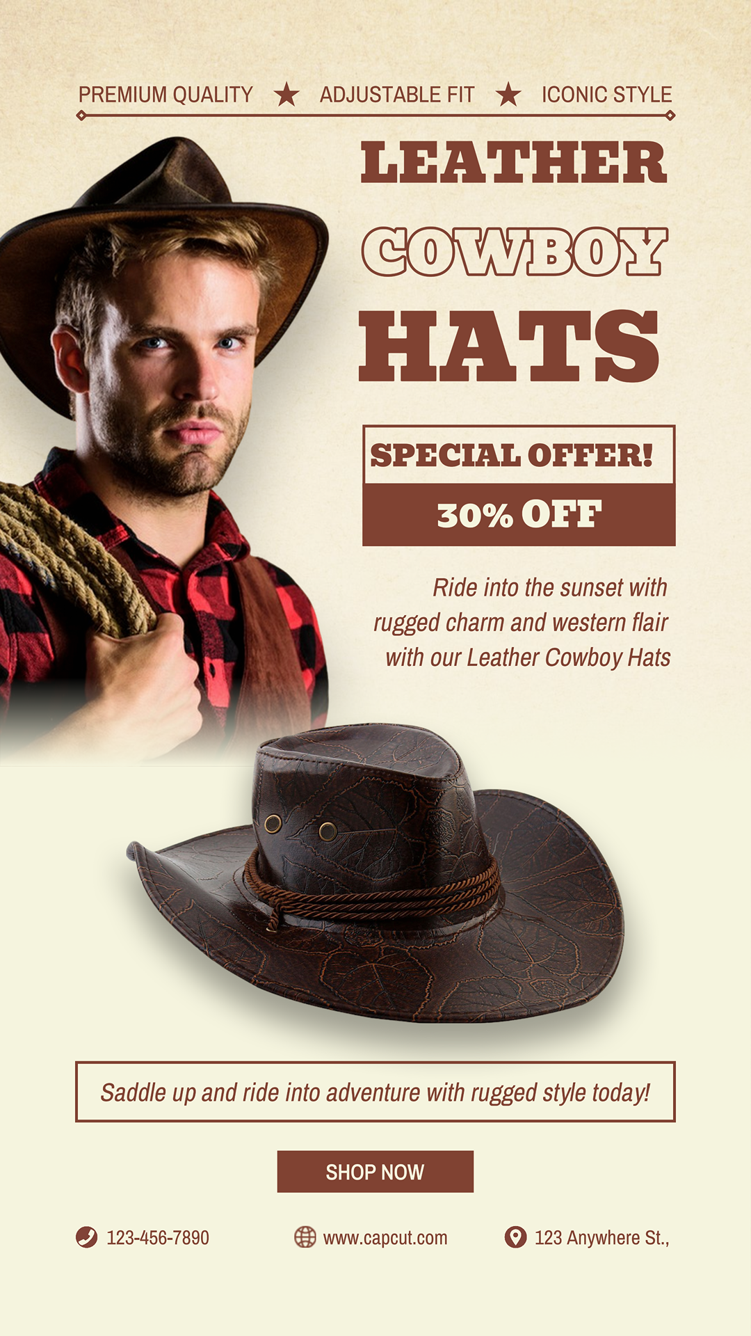 Acessórios Marketing Poster Chapéus de Cowboy Venda Instagram Story Beige Modern