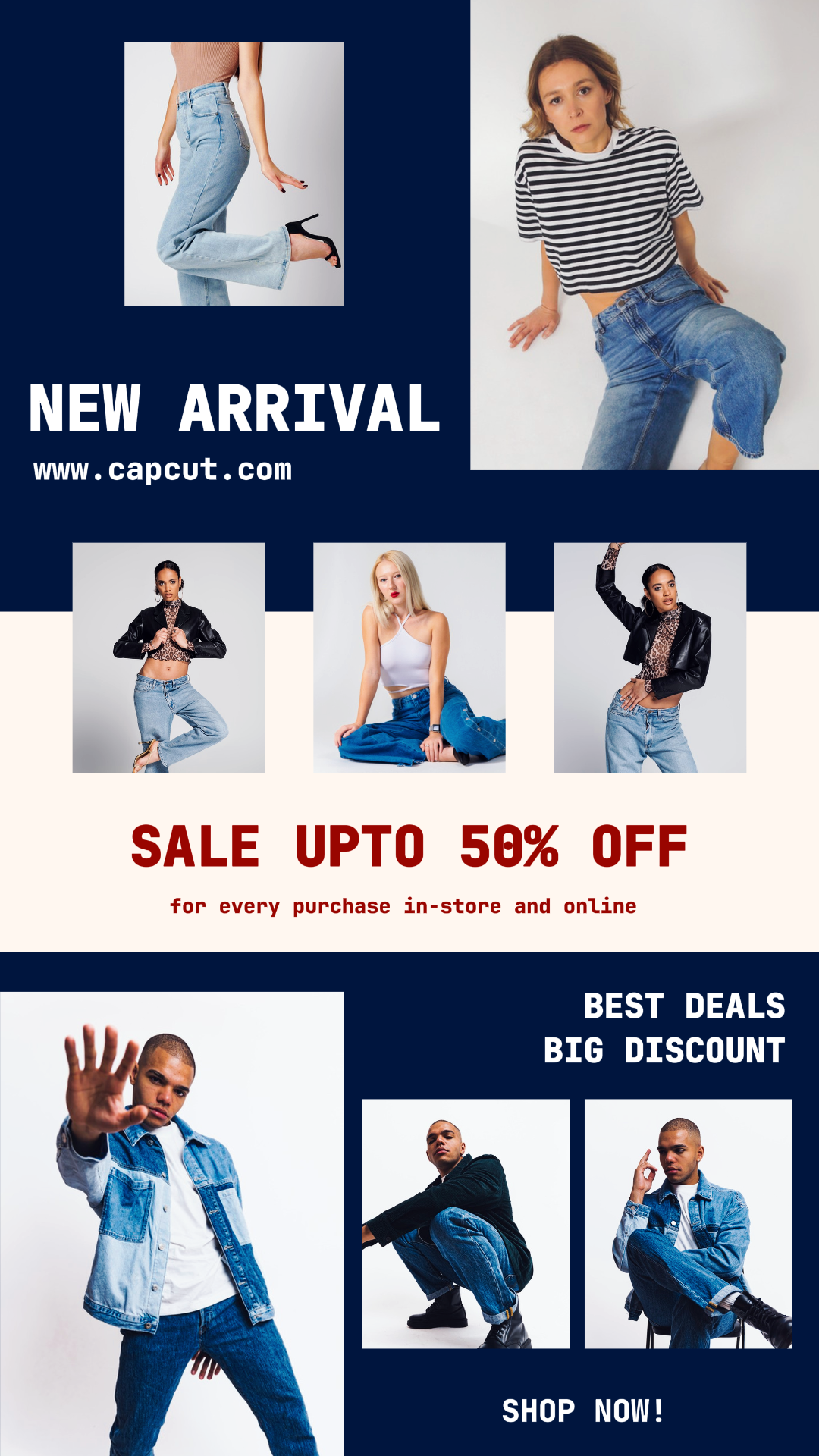Minimalistische Collage Marketing Poster instagram Jeans neue Ankunft Verkauf blau