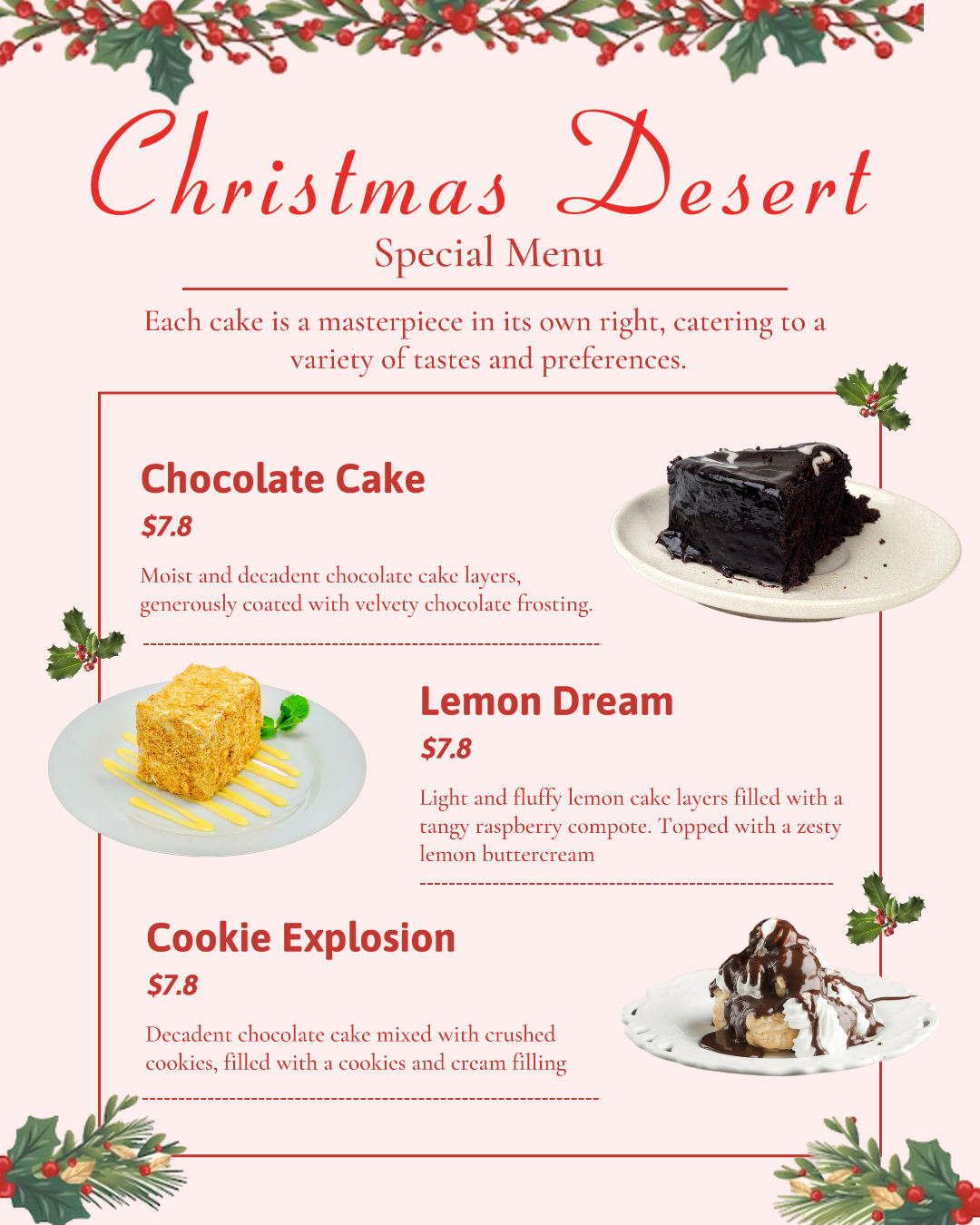 Comida Menú Especial del Desierto de Navidad