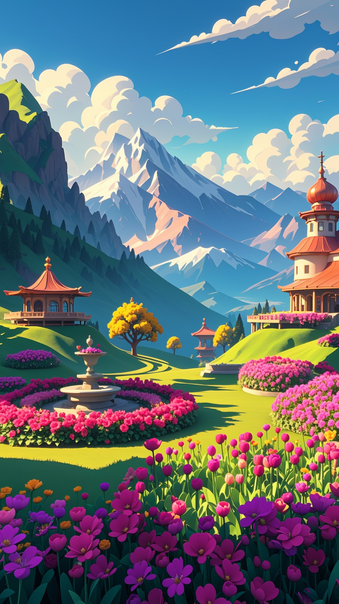 Papier peint affiche créative montagnes et jardin de fleurs style 3d