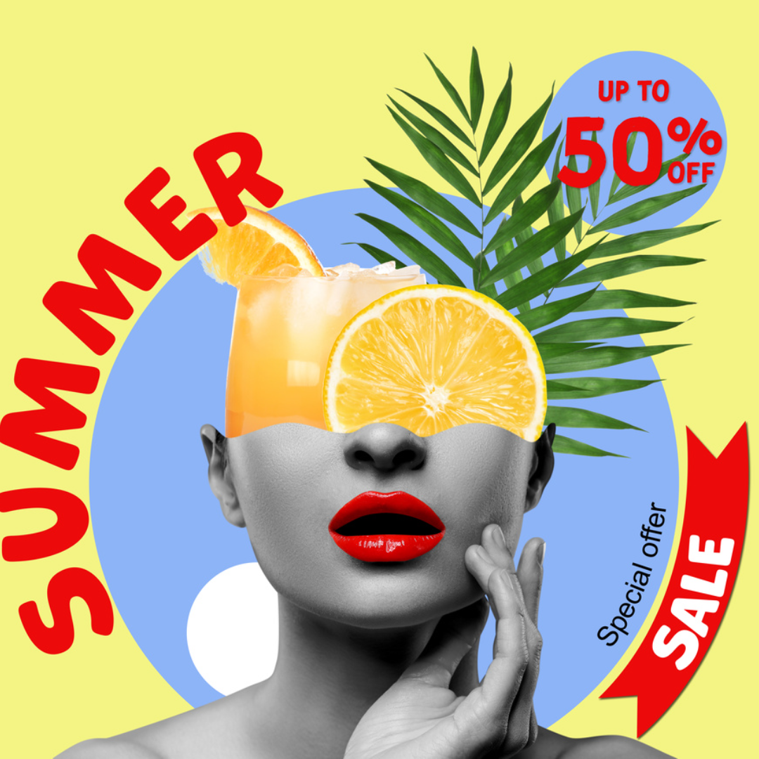 Affiche marketing de la vente d'été pour la publication Instagram jaune avec un style d'art du visage au centre