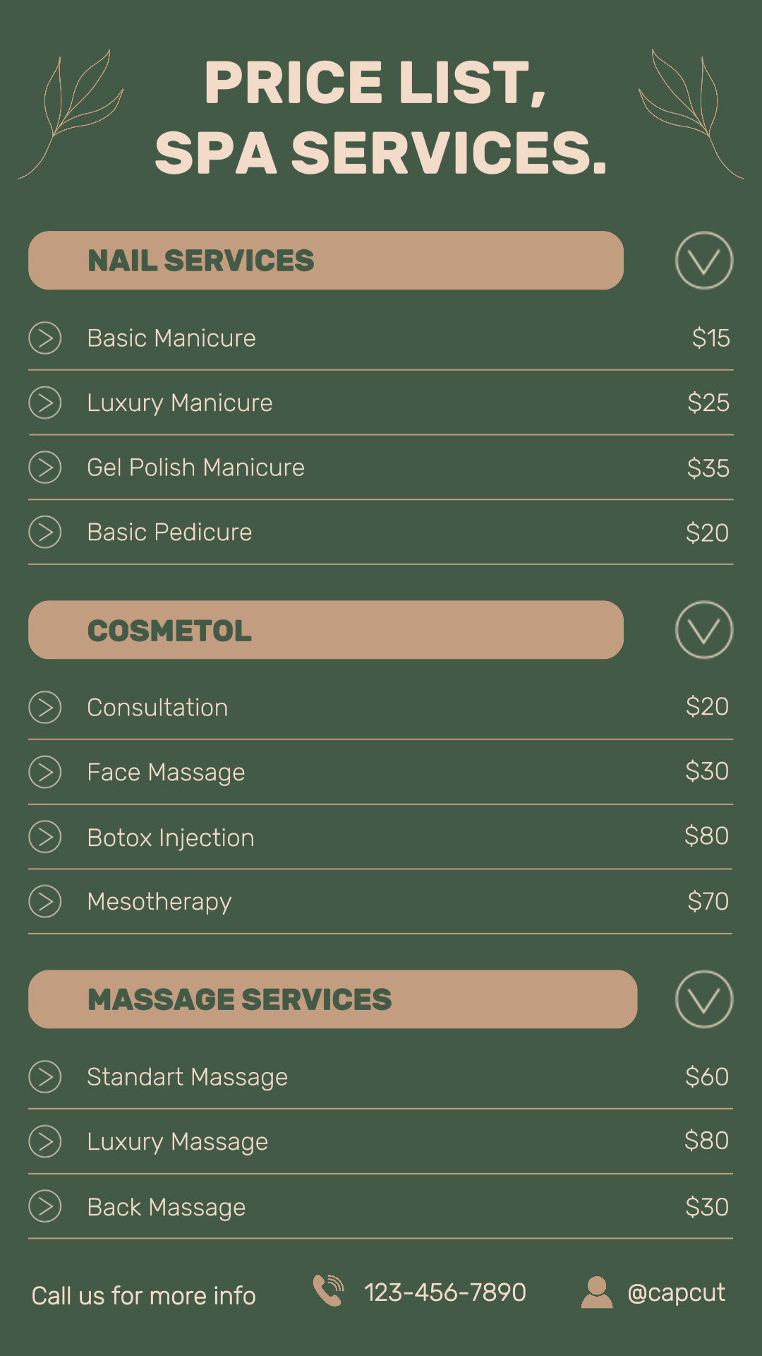 Lista de precios del salón de belleza Historia de Instagram