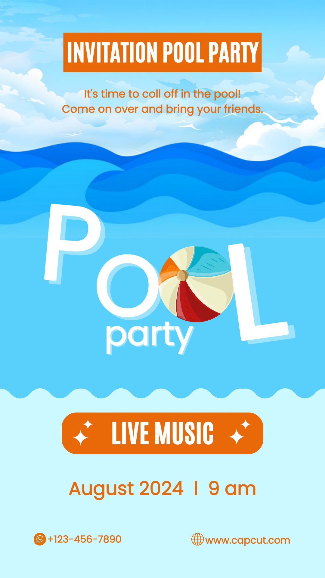 스포츠와 매치 크리에이티브 포스터 수영장 파티 인스타그램 스토리 블루와 오렌지