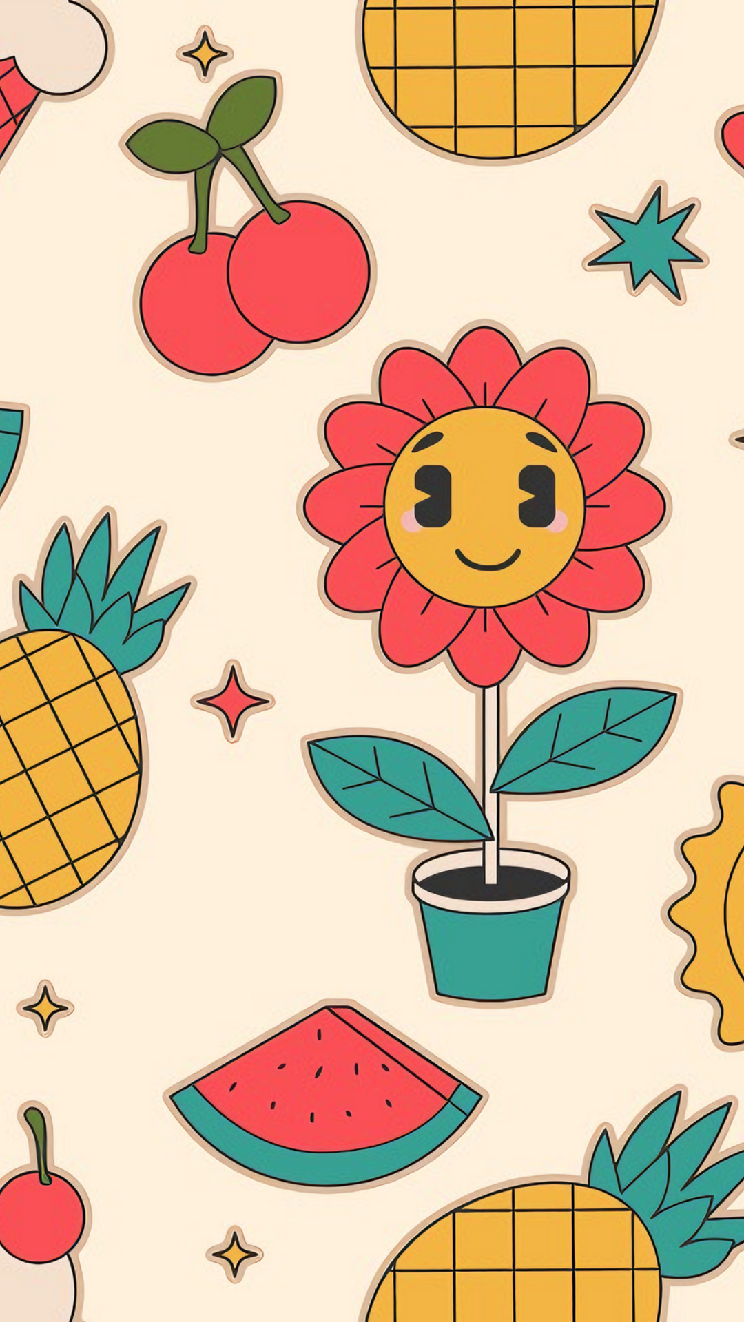 Wallpaper Buah Bunga Cherry Cream Kartun Ilustrasi Merah Putih Hijau