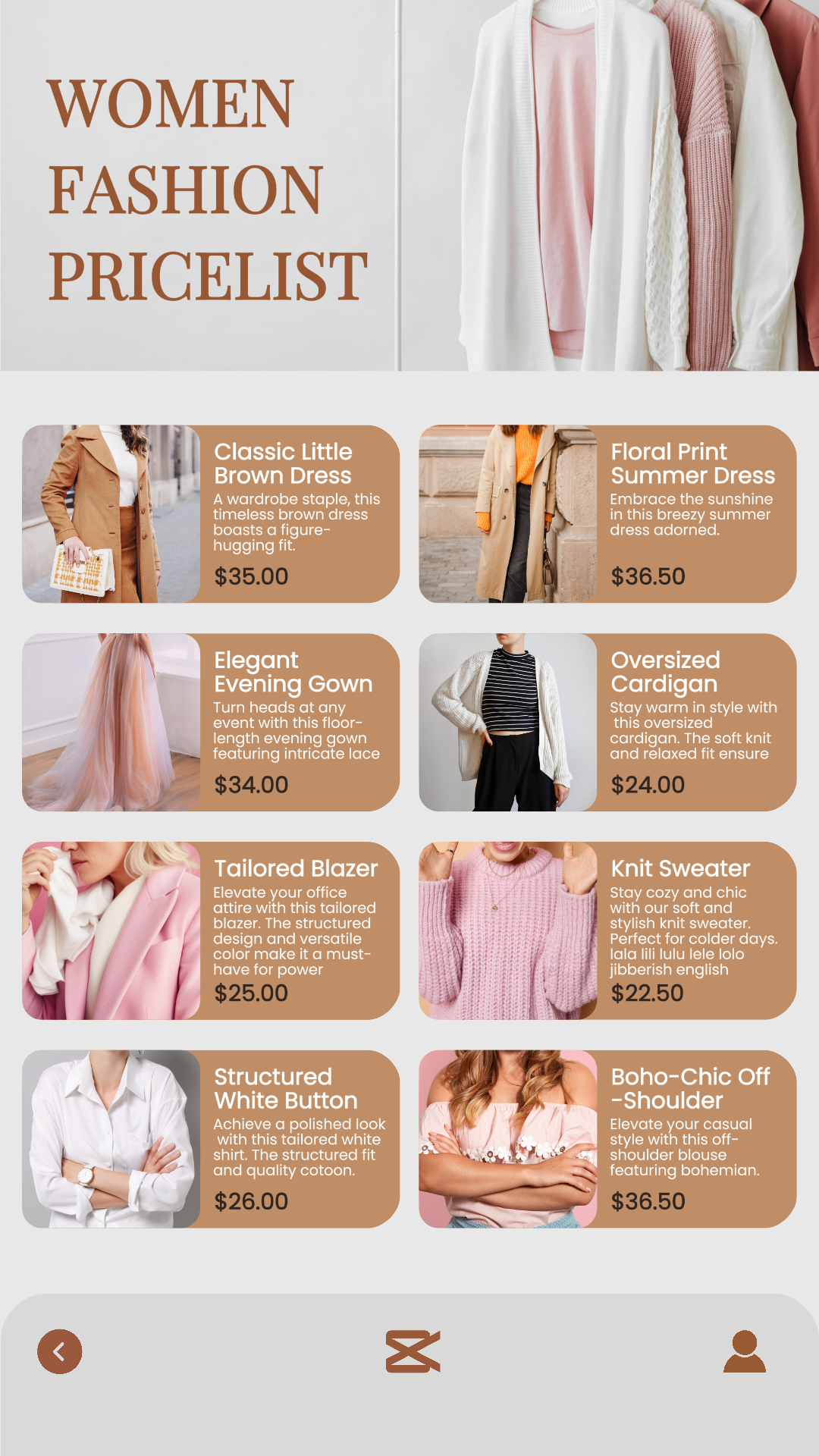 Lista de preços da moda feminina - história do Instagram