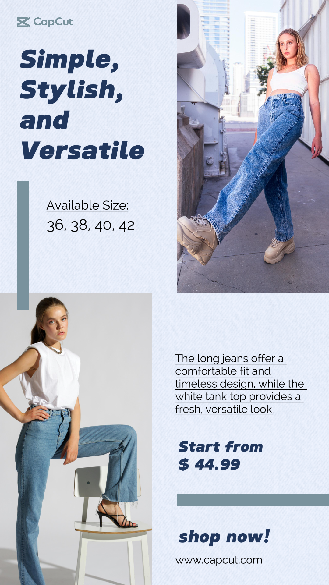 Kleidung und Schuhe - Marketing Poster Promotion Blue Long Jeans & White Tank Top Instagram Story
