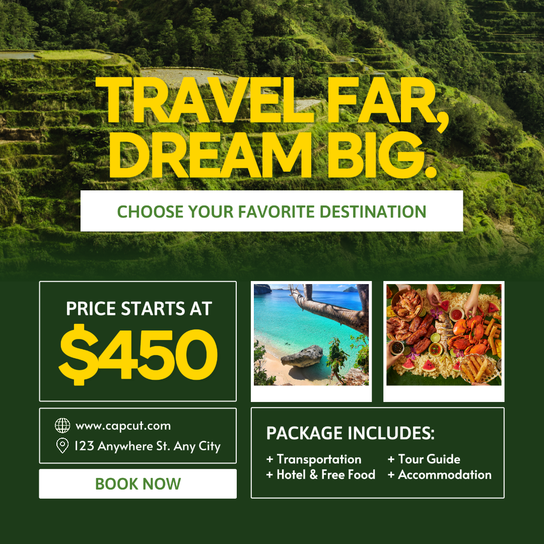 Cartel de marketing de viajes Publico de Instagram Reserva de publicación de viaje Verde Amarillo Blanco