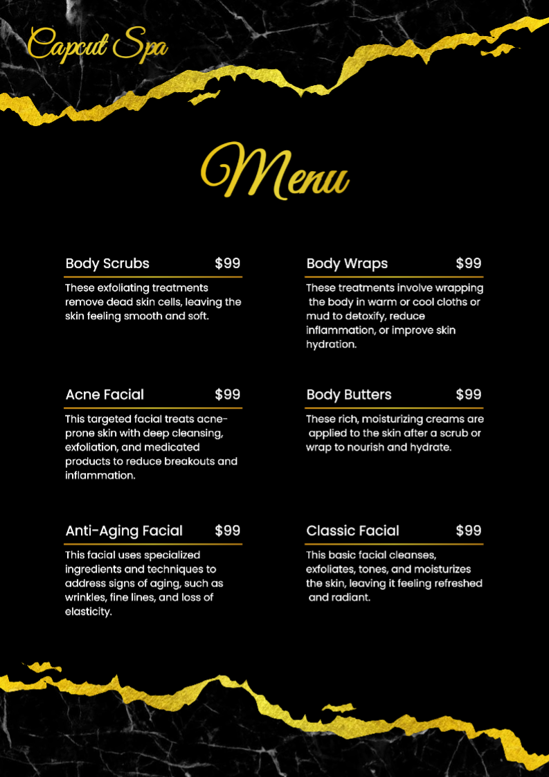 Menú de Masajes de Spa - Tema Negro y Dorado