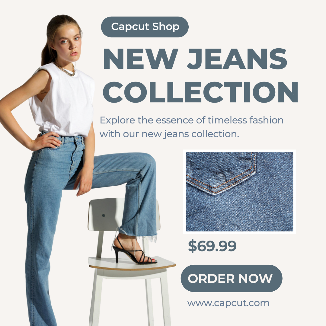 Pôster de Marketing de Roupas e Calçados Jeans Femininos Instagram Post Branco Azul