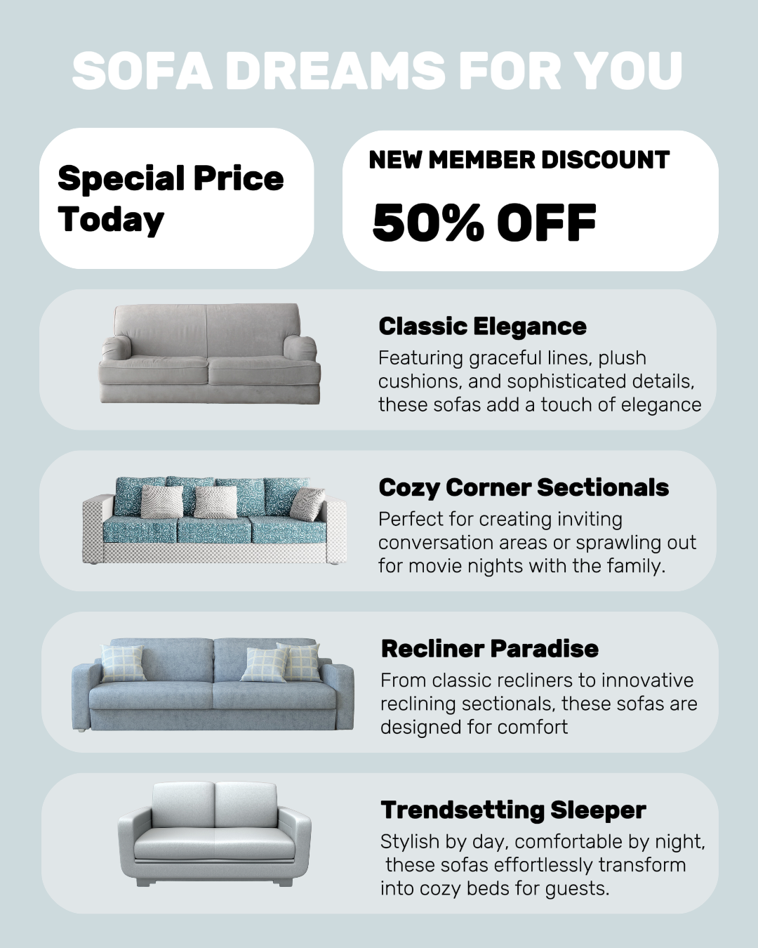 Pantalla de la tienda de los sueños del sofá del hogar