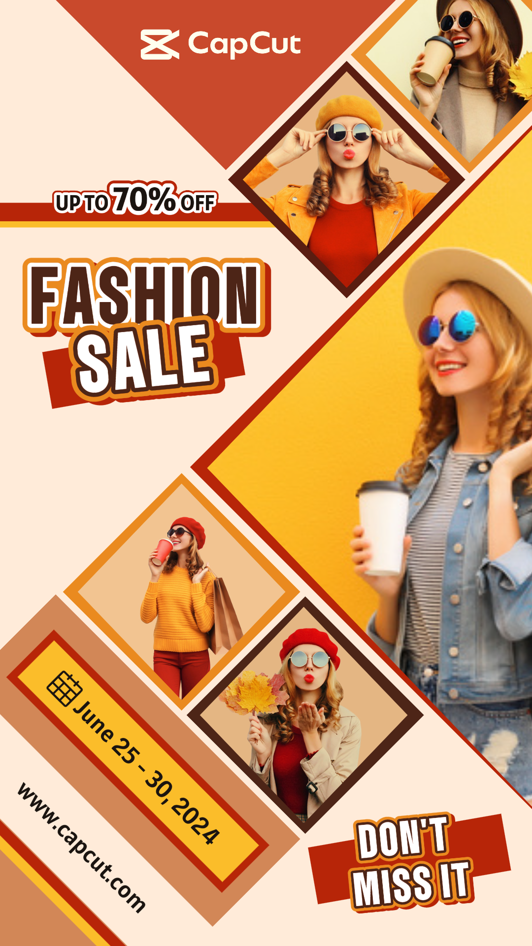 Pôster de marketing de roupas Instagram Story Fashion Sale Red Brown Yellow Style
