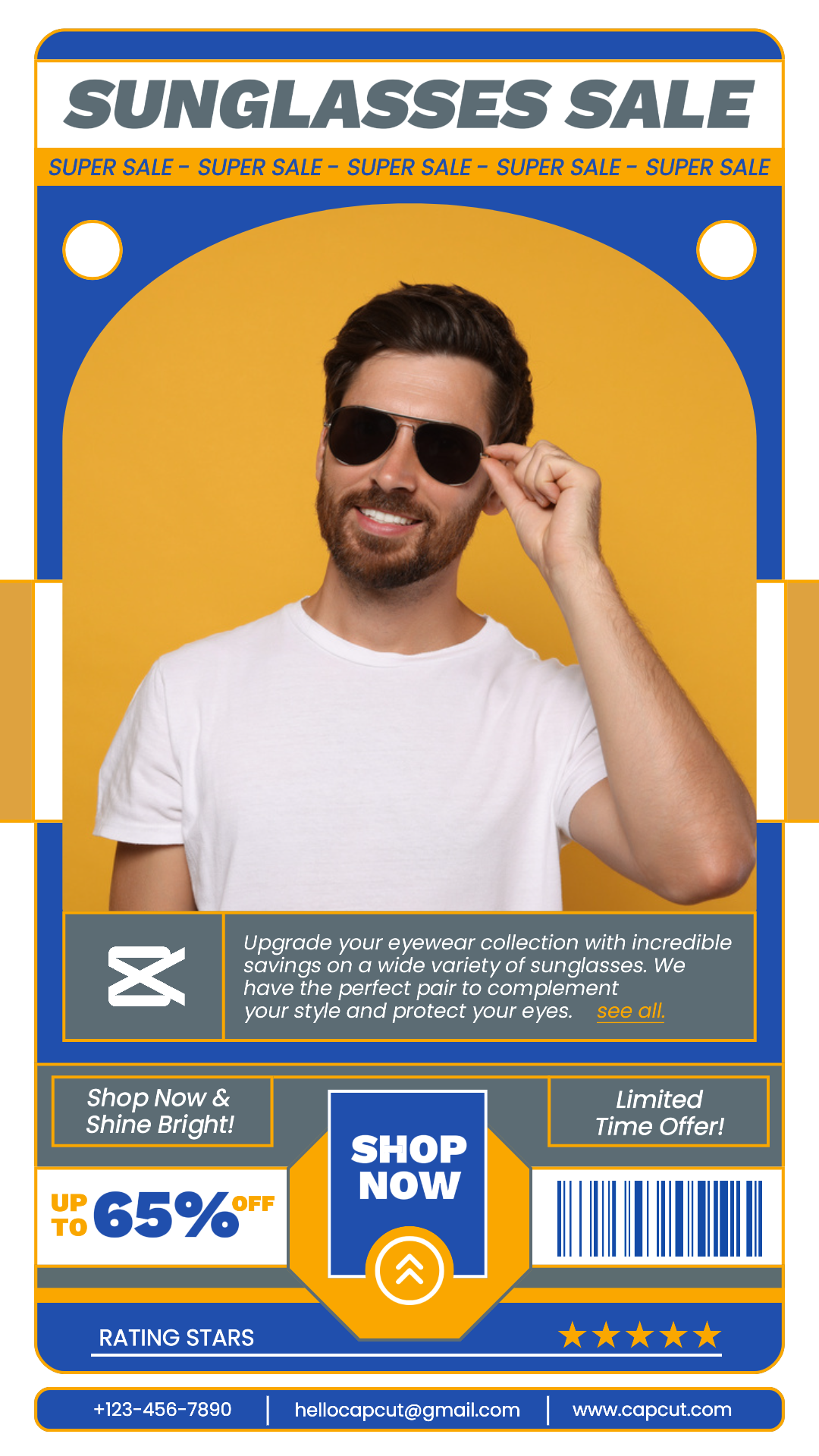 Joyas y accesorios Cartel de marketing Descuento Gafas de sol Súper venta Historia de Instagram Amarillo Azul