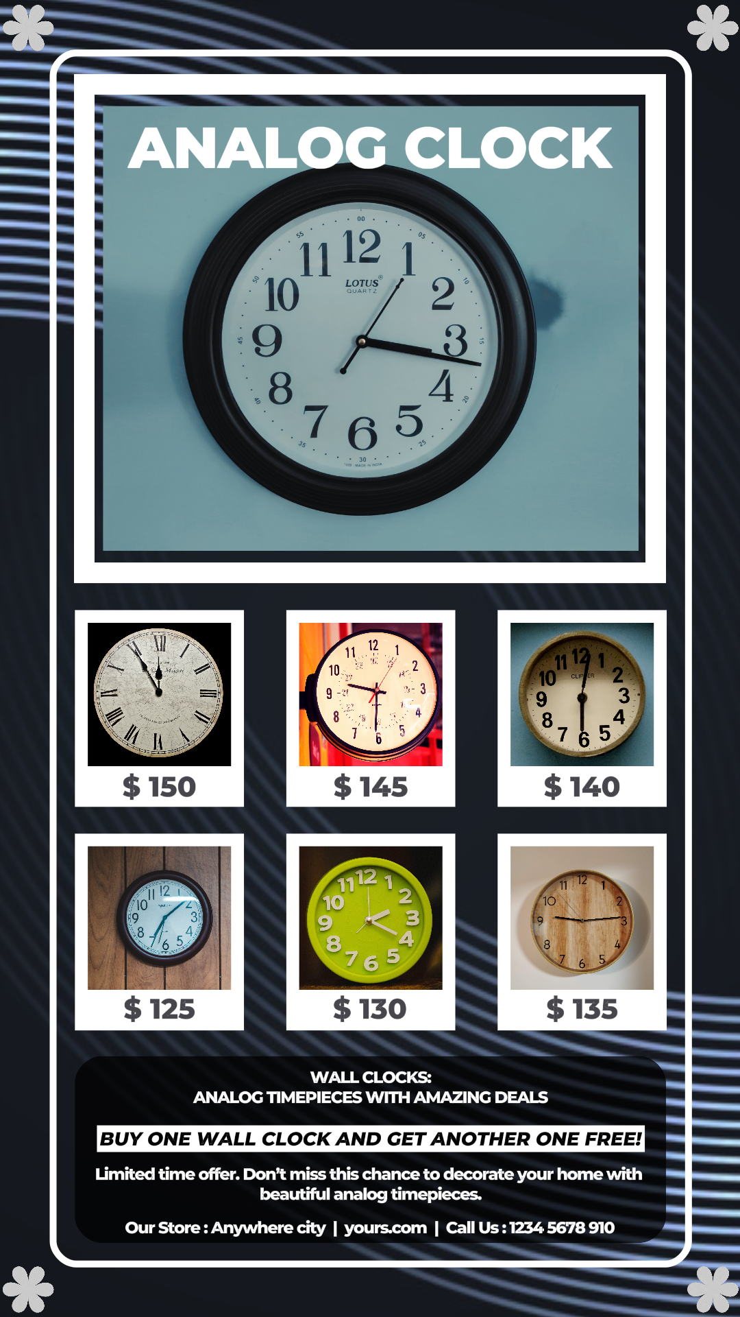 Marketing Poster Household Accessories and Furniture Analog Wall Clock Promotion Simple Black Minimalist