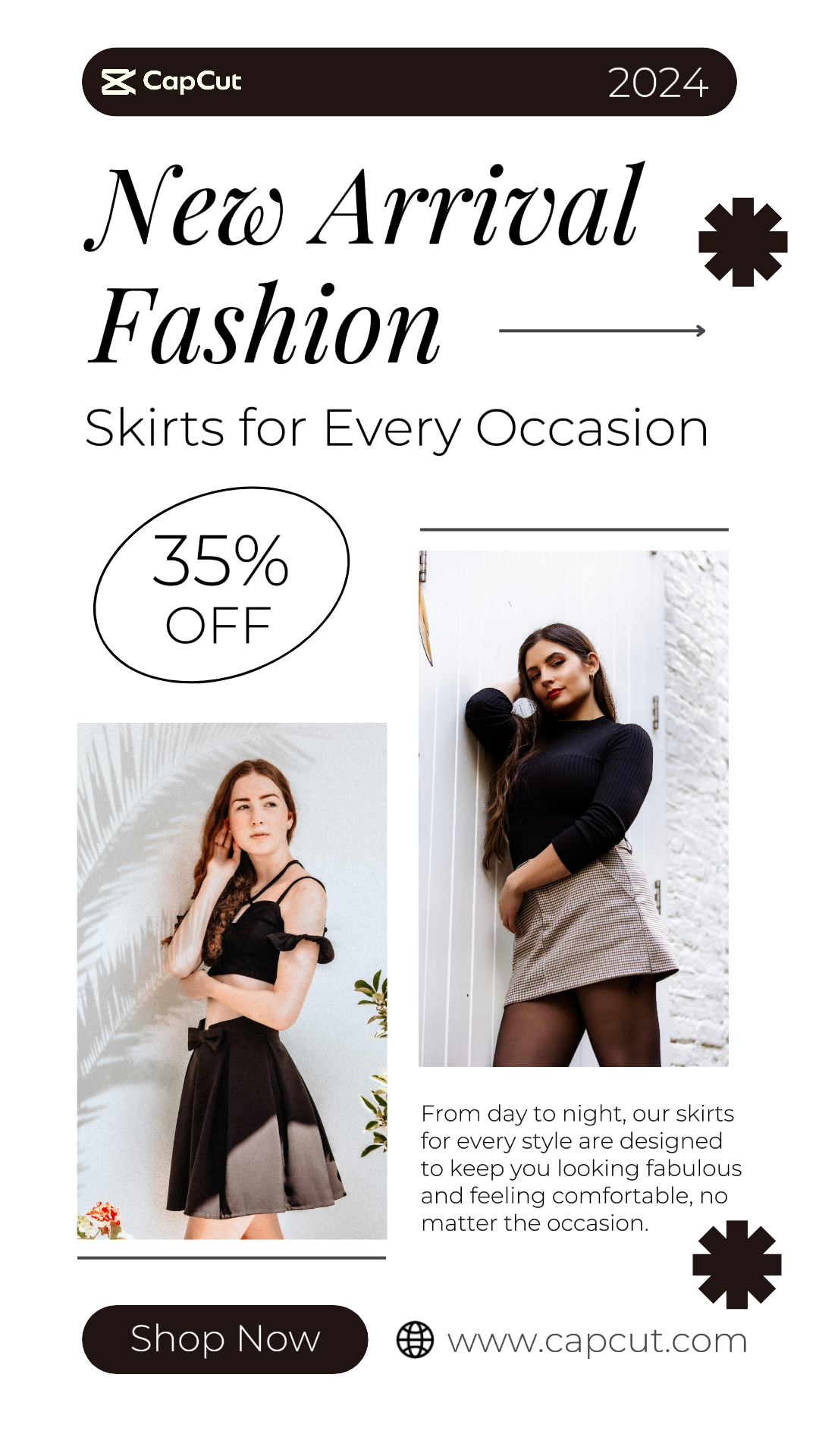 Cartel de marketing de ropa y zapatos Nueva llegada Faldas de moda Historia de Instagram Blanco simple