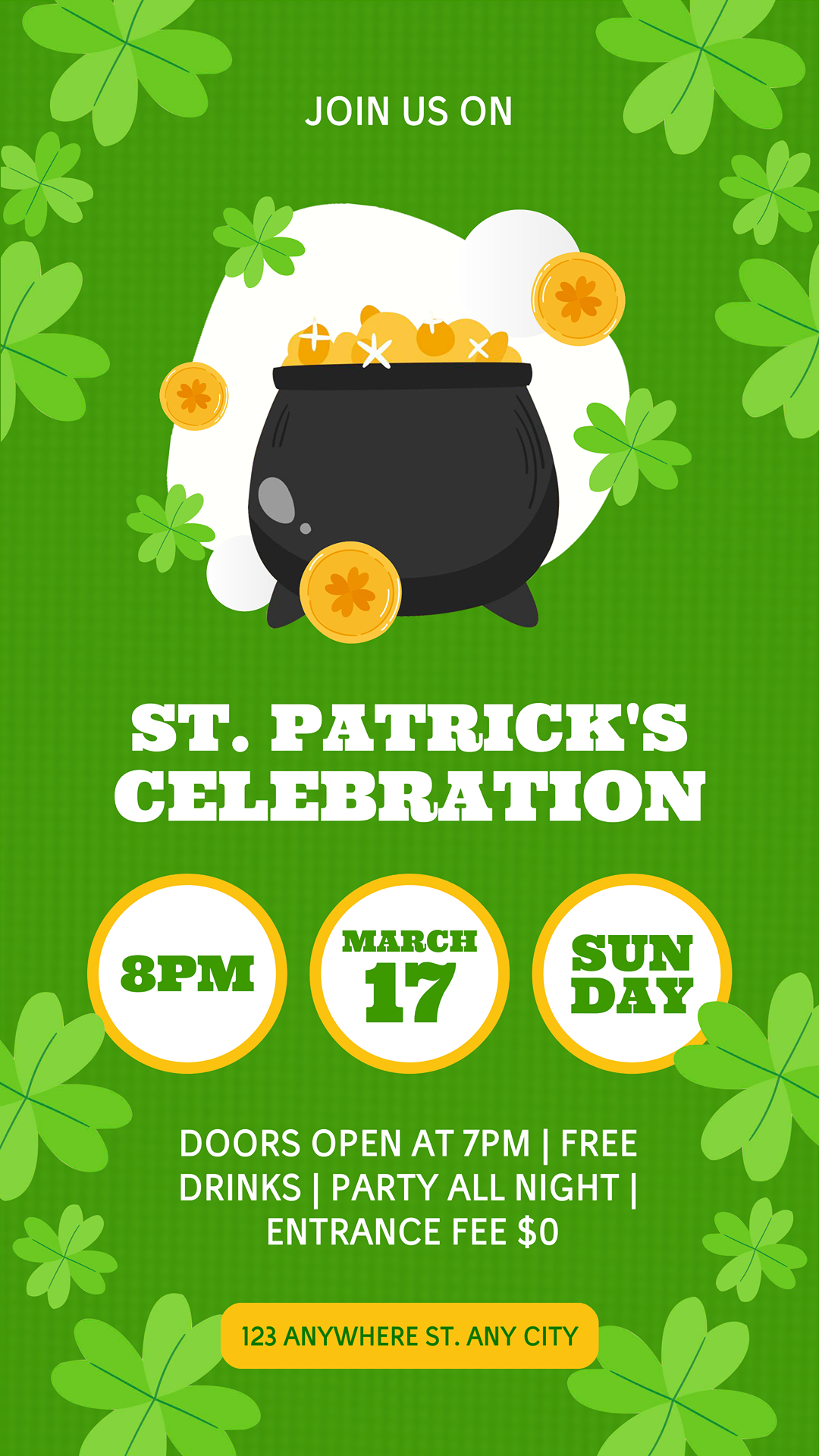 Acara Poster Pengumuman Hari St. Patrick Instagram Story Green White Gold