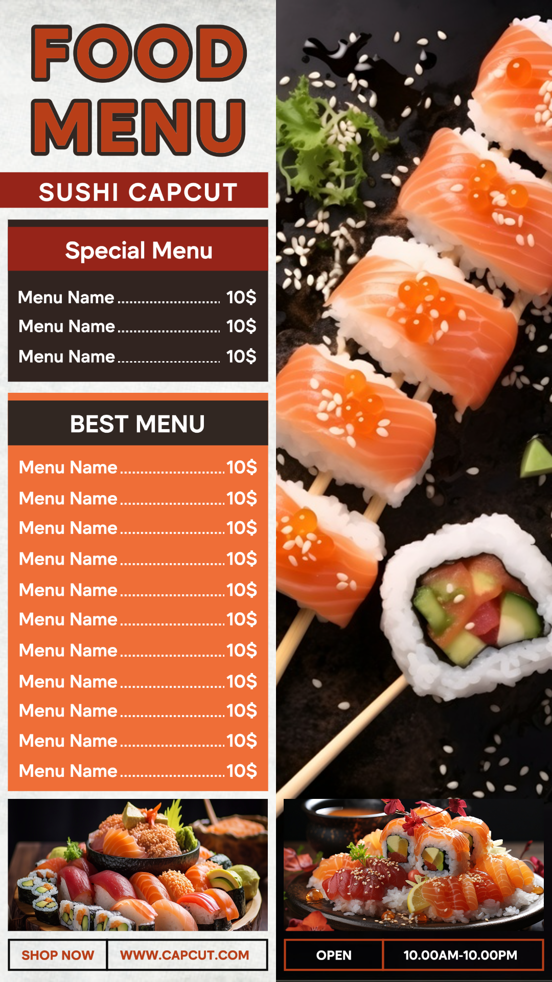Menu de comida de sushi com tema de chocolate editável para Instagram Stories