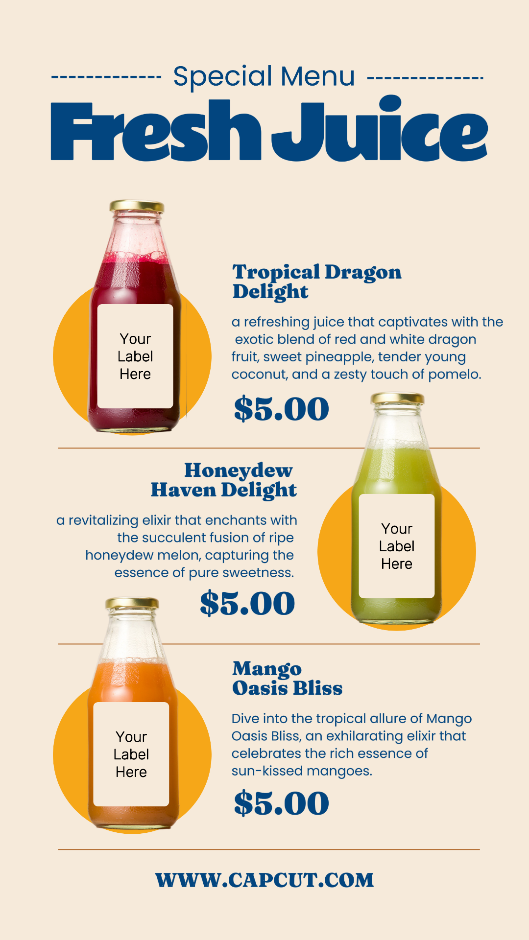 Menu especial de suco história do instagram