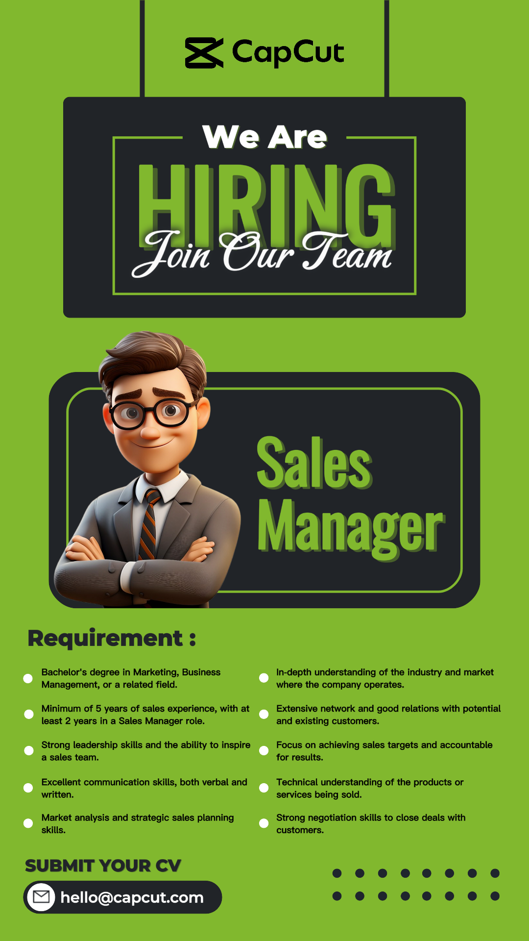 We Are Hiring Sales Manager Instagram Story Green Black