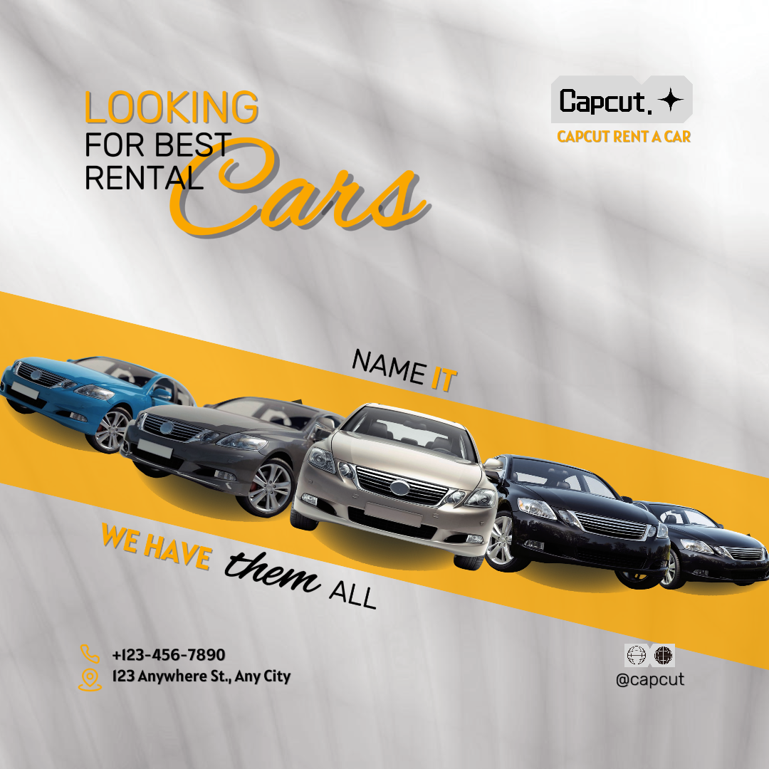 Auf der Suche nach den besten Mietautos - Marketing Poster Car Rent Inatagram Post Weiß und Gelb
