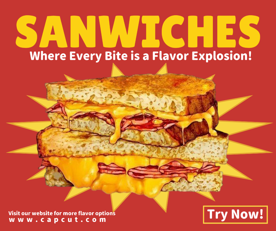 Affiche marketing sur les aliments et les boissons - Sandwichs, où chaque bouchée est une explosion de saveurs - Facebook 