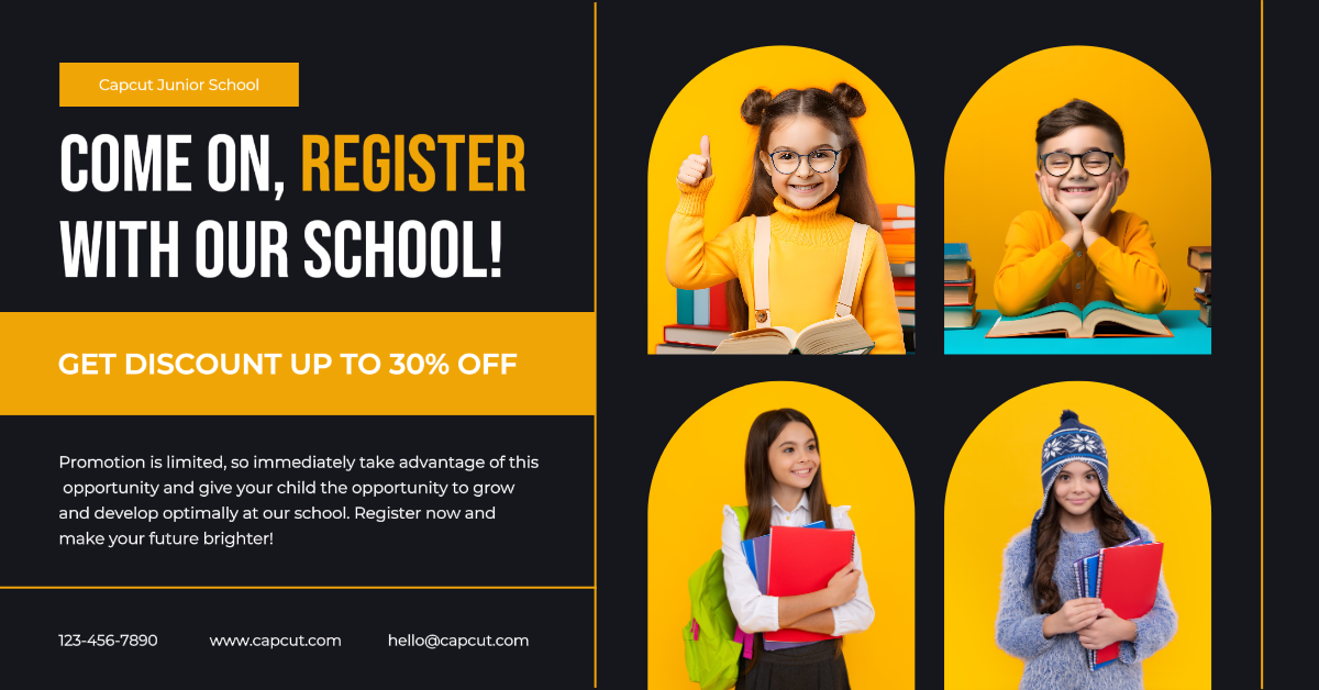 School Registration Facebook App Ad Yellow Modern