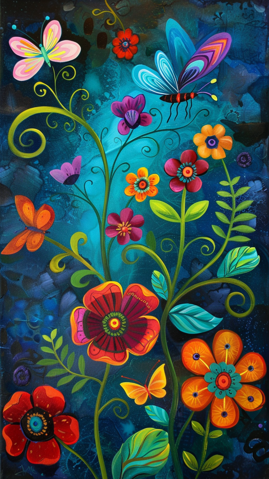 Wallpaper creative poster Acrylic painting flowers and butterflies