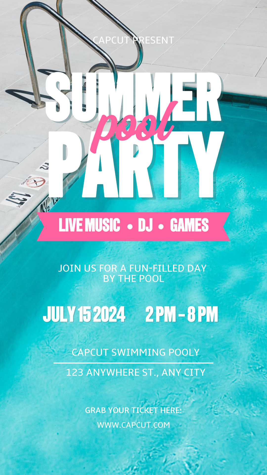 Convite para Festa na Piscina do Instagram Branco Rosa