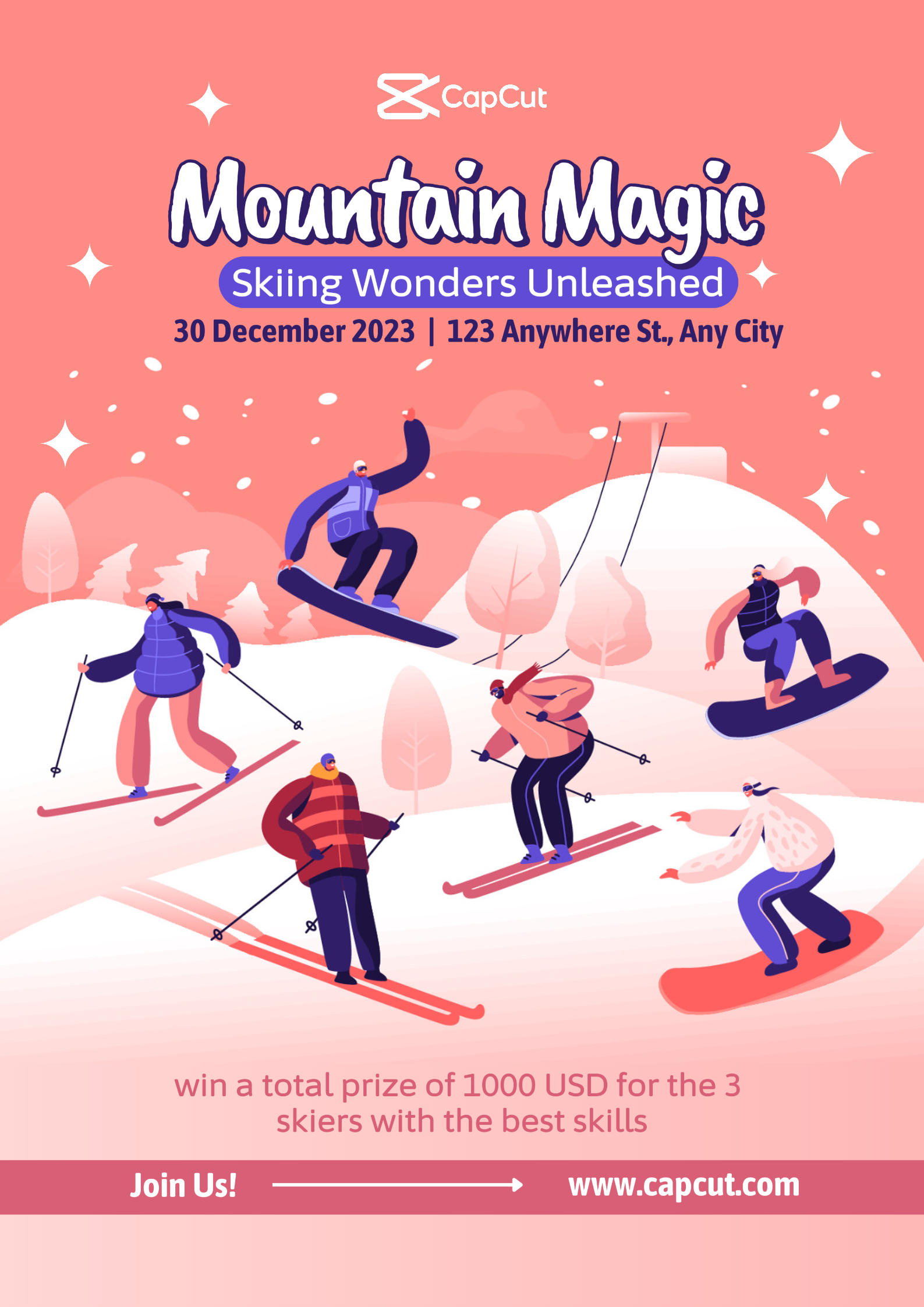 Affiche d'activité de l'événement sur le campus Tournoi de ski d'hiver portrai