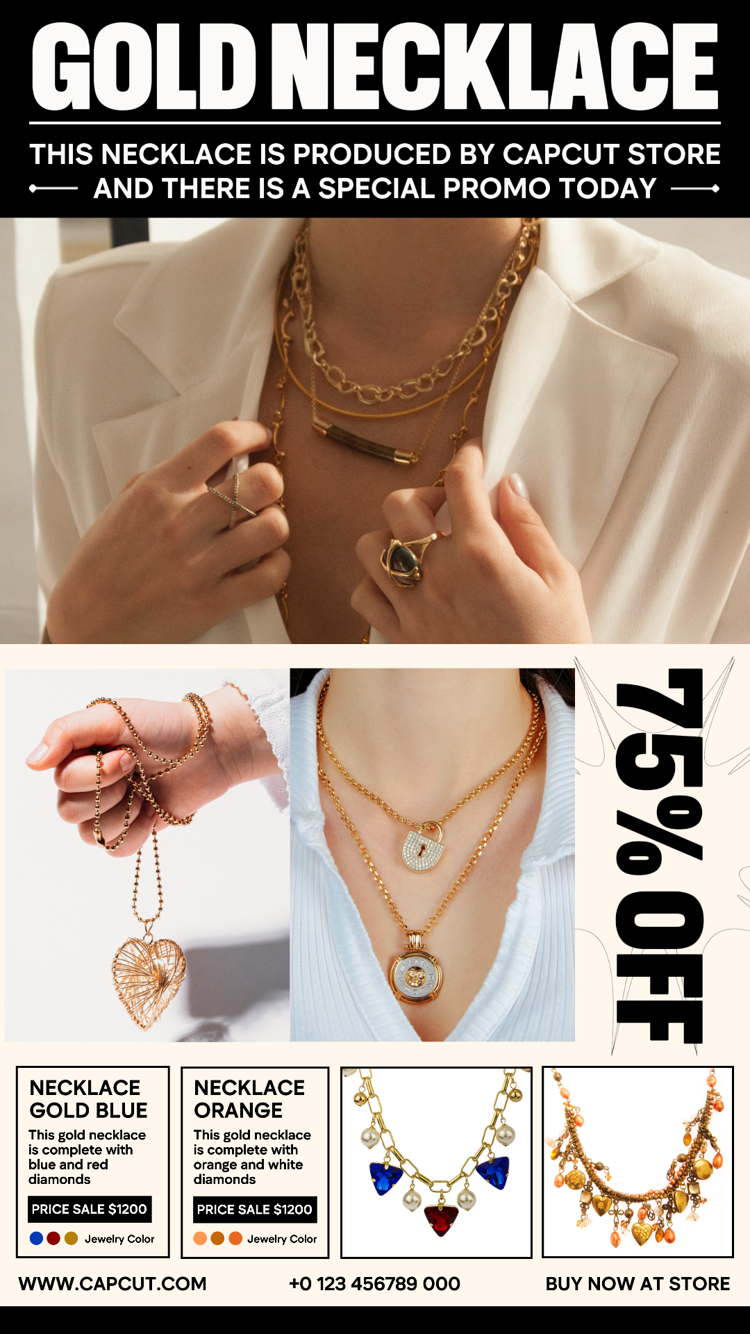 5 Multi-produto Imagem Jóias Colar de Ouro Promoção Instagram Story Creme Preto Minimalista