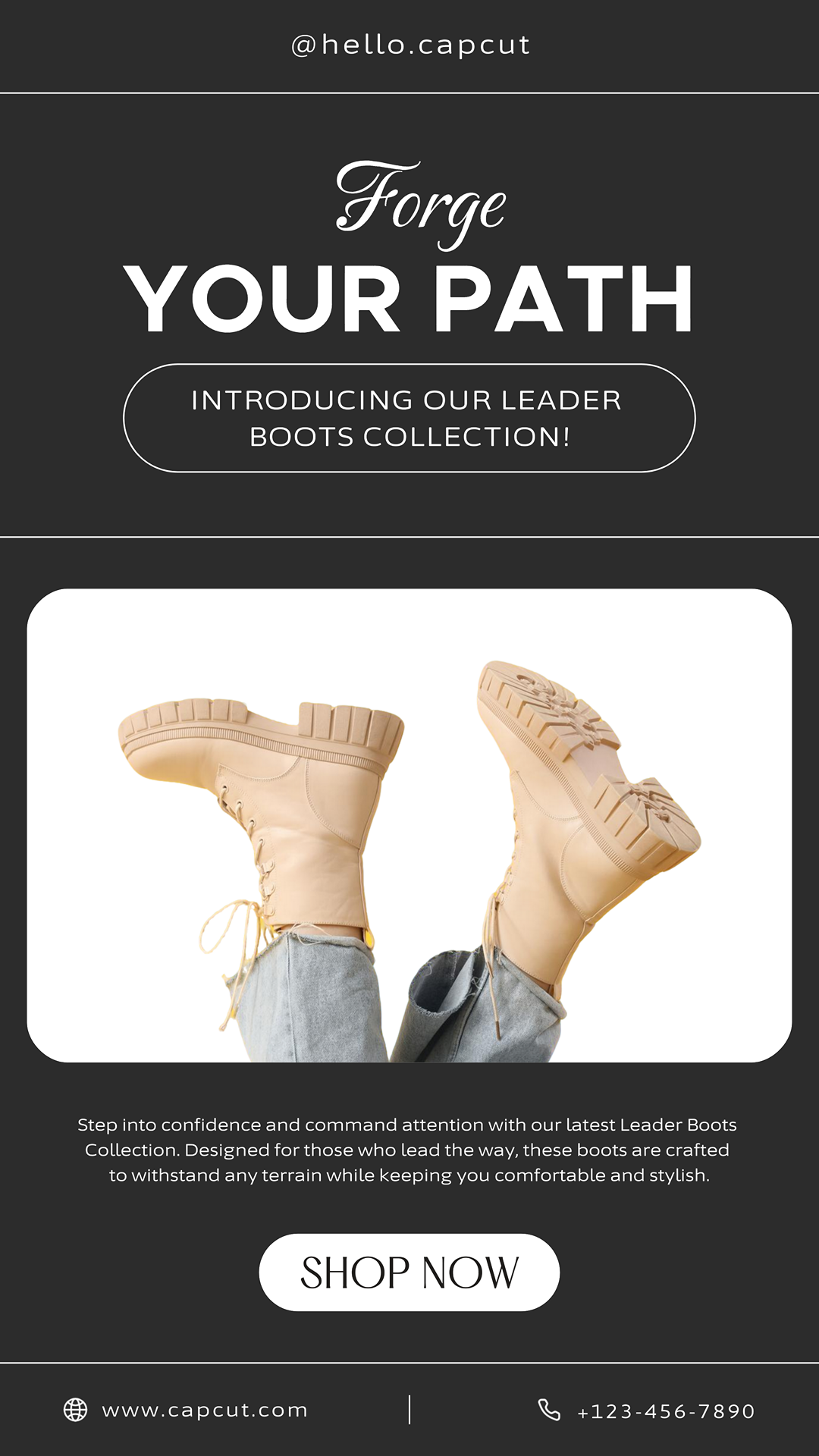 Vêtements et chaussures Affiche marketing Leader Boots Affichage du produit Instagram Post style élégant