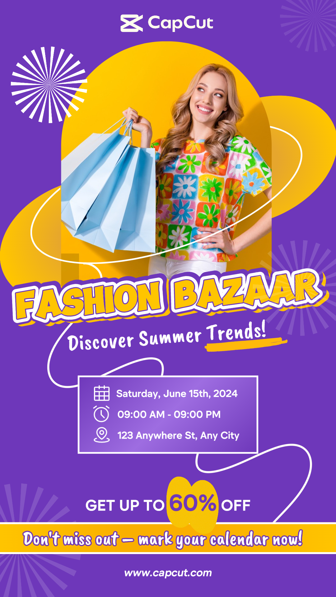 Pôster de marketing de roupas Fashion Bazaar Yellow Purple Style