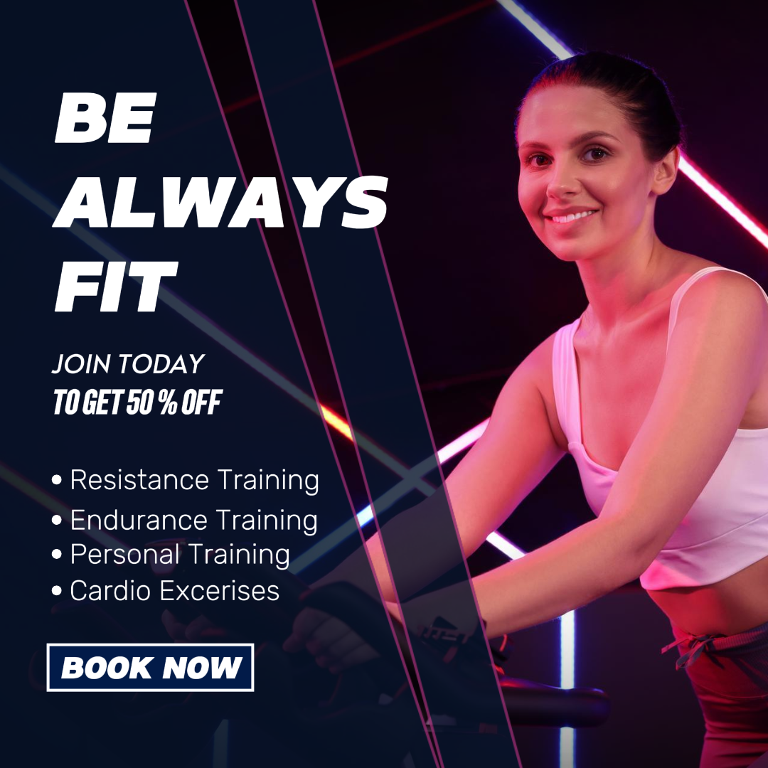 Pôster de marketing de treino e fitness Instagram post roxo e stripping moderno com modelo feminino