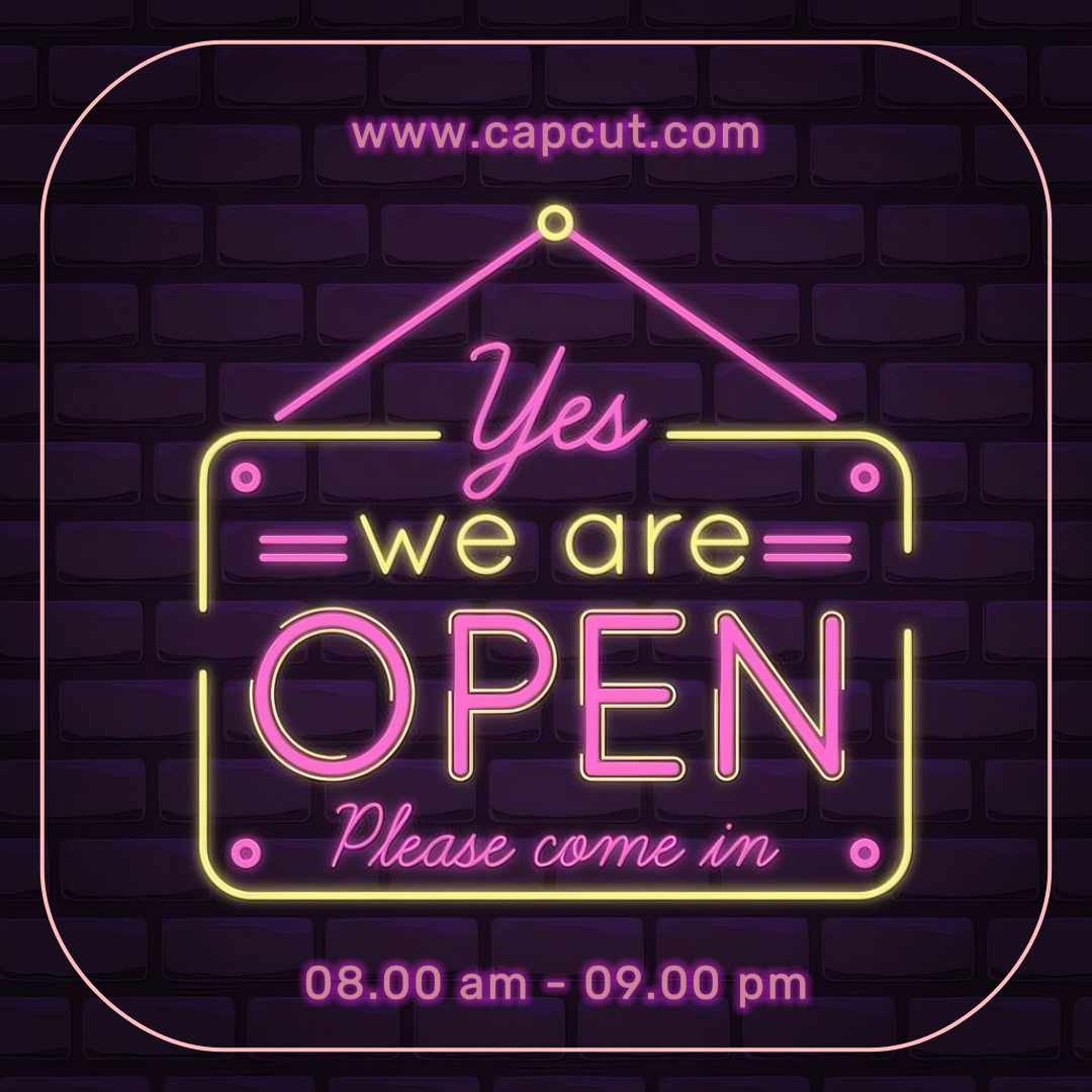 Affiche de marketing d'entreprise et de bureau post instagram nous sommes ouverts lumière violette