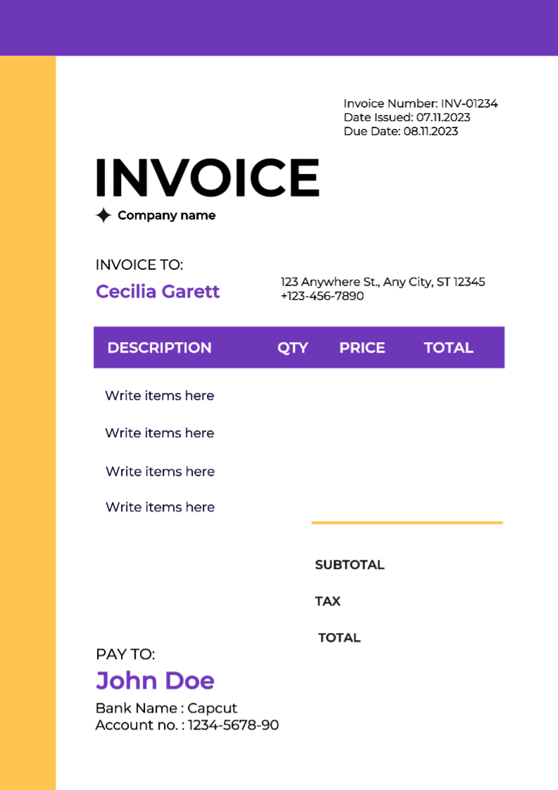 Invoice Yellow and Purple